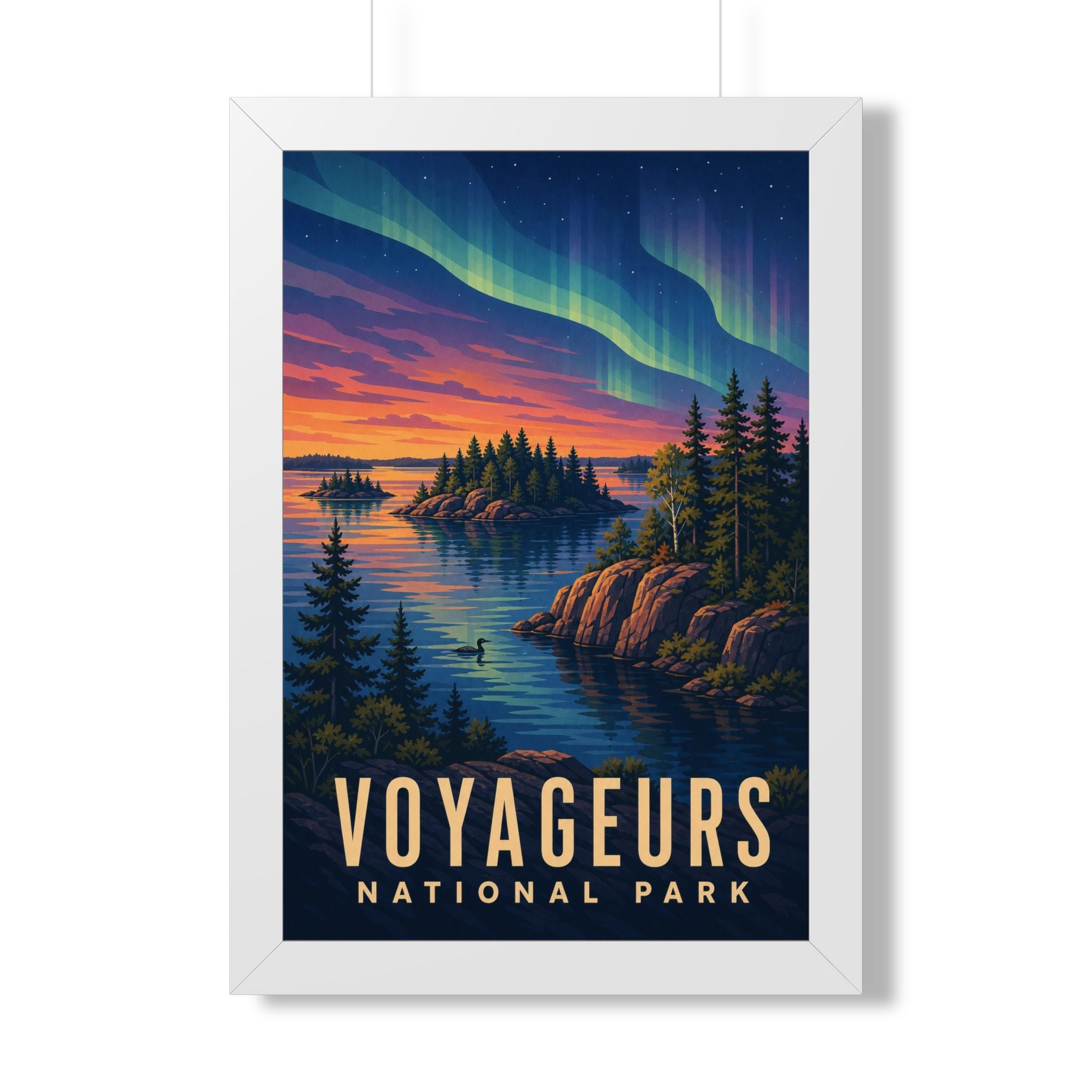 Voyageurs National Park Framed Poster | Vintage Travel Wall Art | Black Walnut White Frame | 16x24 20x30