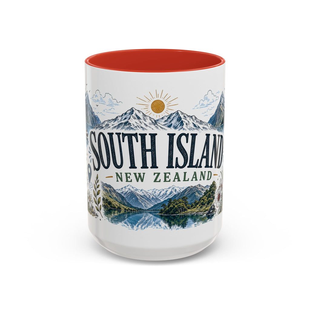 New Zealand South Island Coffee Mug | Travel Destination Souvenir Gift | Accent Color Ceramic 11oz 15oz