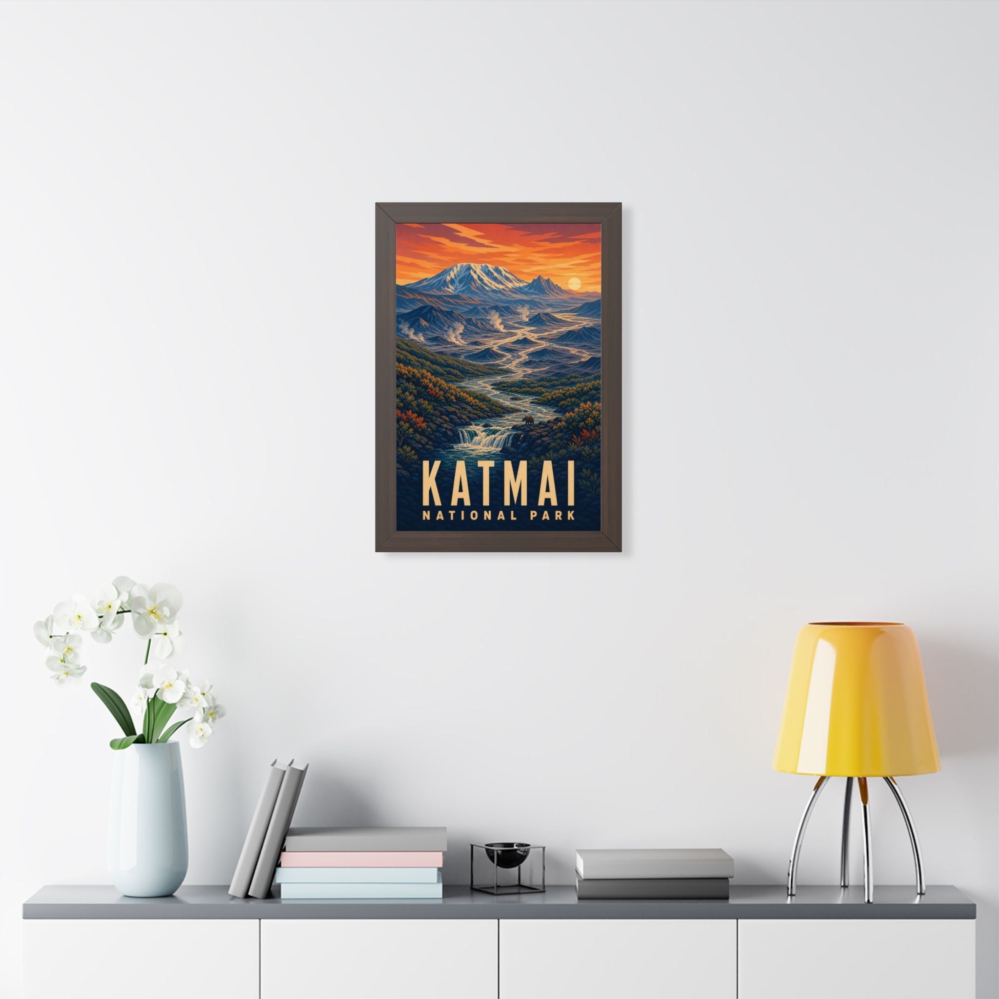Katmai National Park Framed Poster | Vintage Travel Wall Art | Black Walnut White Frame | 16x24 20x30
