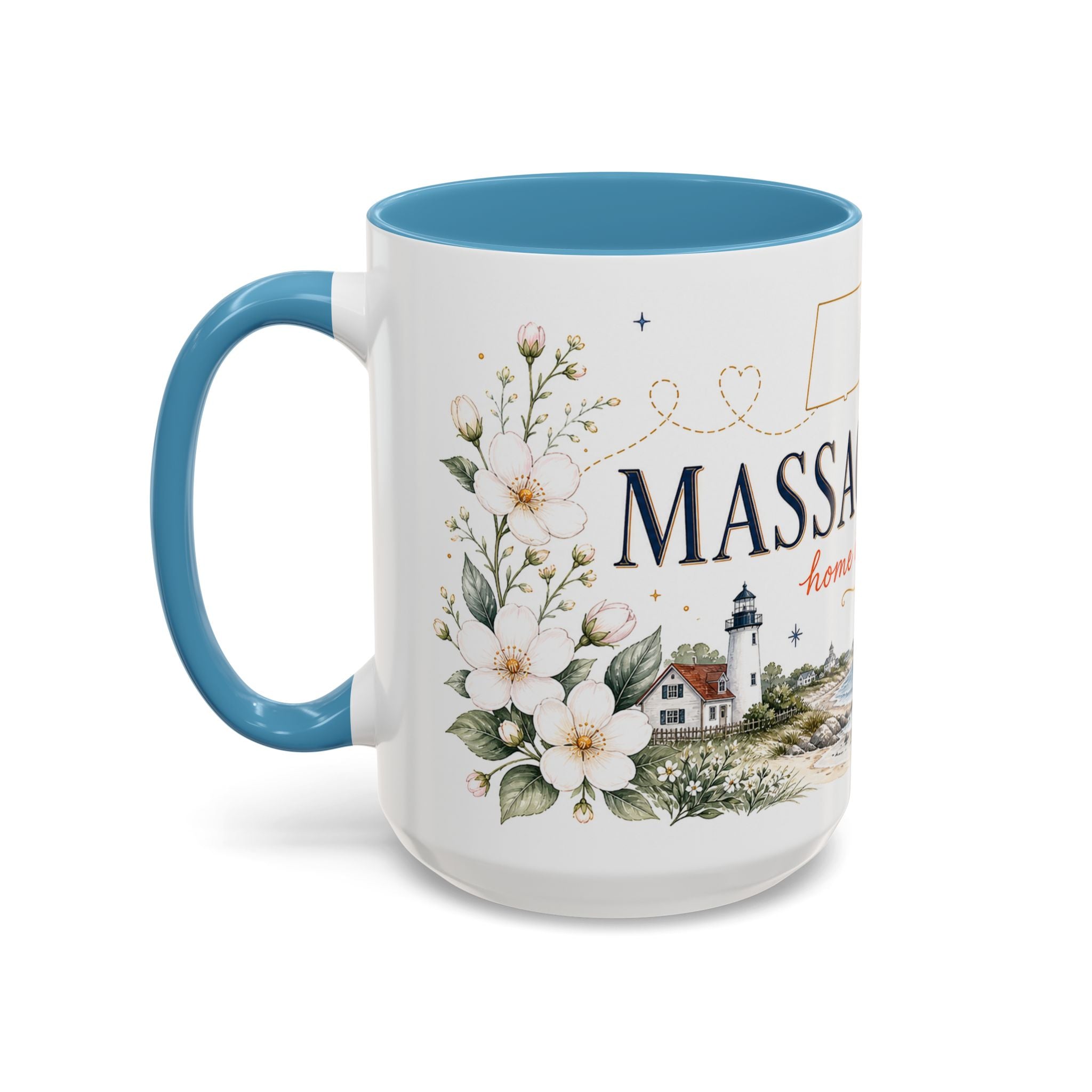 Massachusetts State Map Mug | Coastal Scene, Botanical Accents (11oz, 15oz)