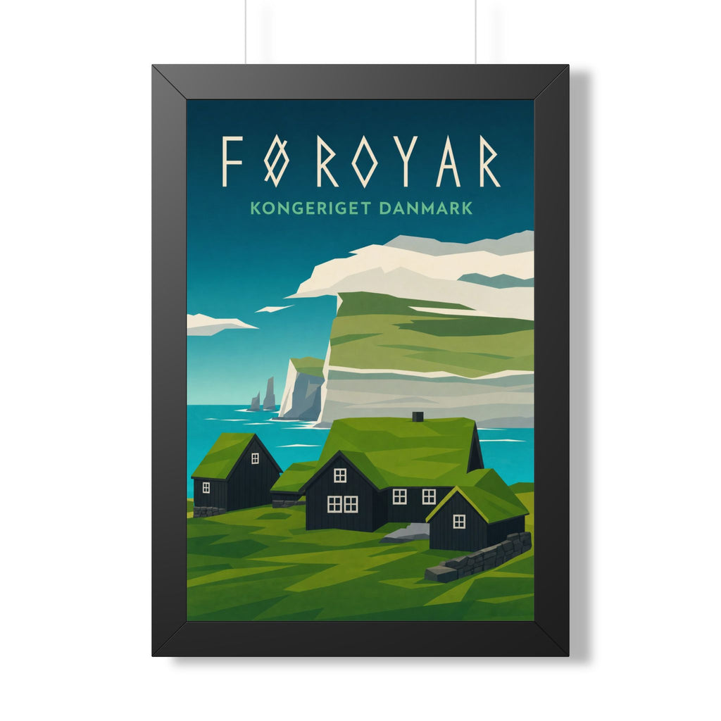 Faroe Islands Denmark Framed Poster | Vintage Travel Wall Art | Black Walnut White Frame | 16x24 20x30