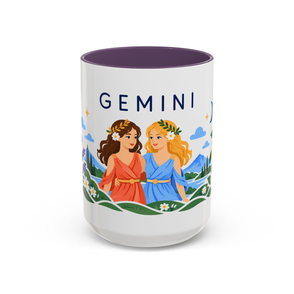 Gemini Zodiac Coffee Mug | Twins and Floral Design | Astrology Birthday Gift | 11 oz 15 oz Ceramic Accent Mug