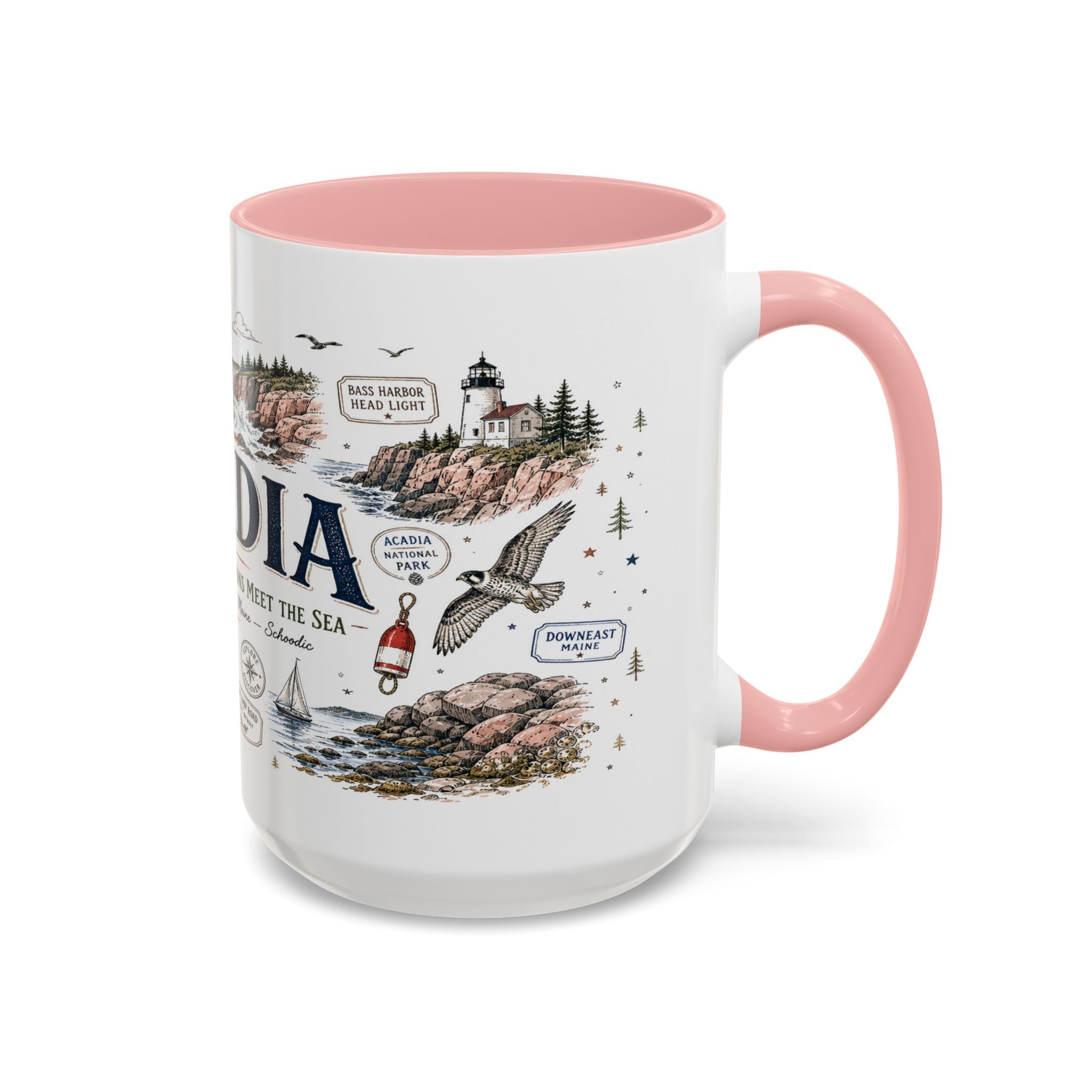 Acadia Coffee Mug | National Park Hiking Coastal Gift | Accent Color Ceramic 11oz 15oz