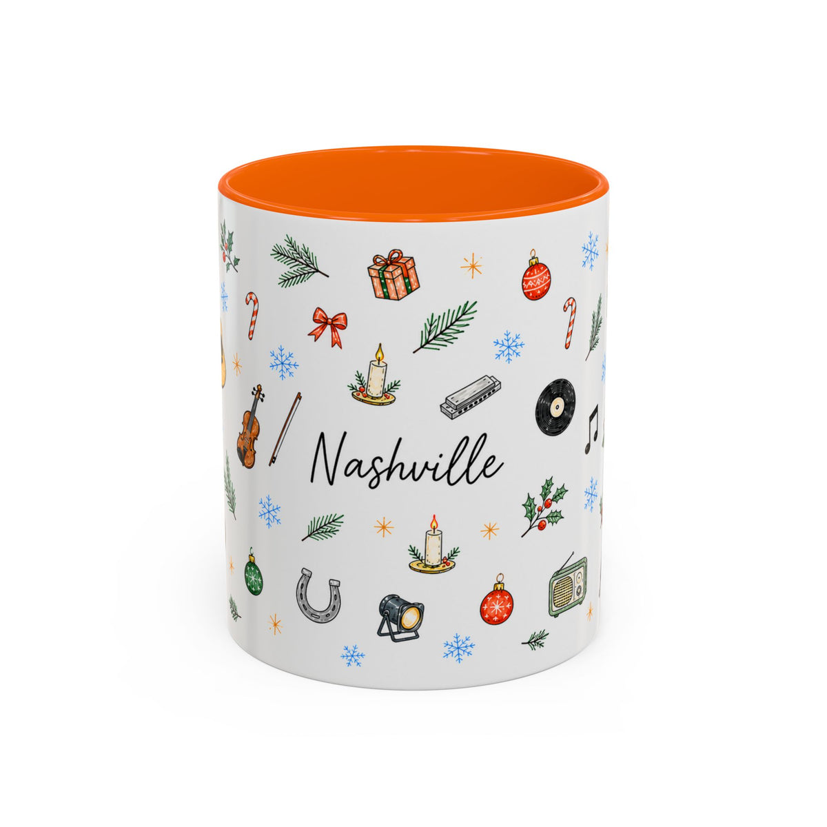 Nashville Christmas Mug | Watercolor City Souvenir, Acoustic Guitar, Harmonica (11oz 15oz)