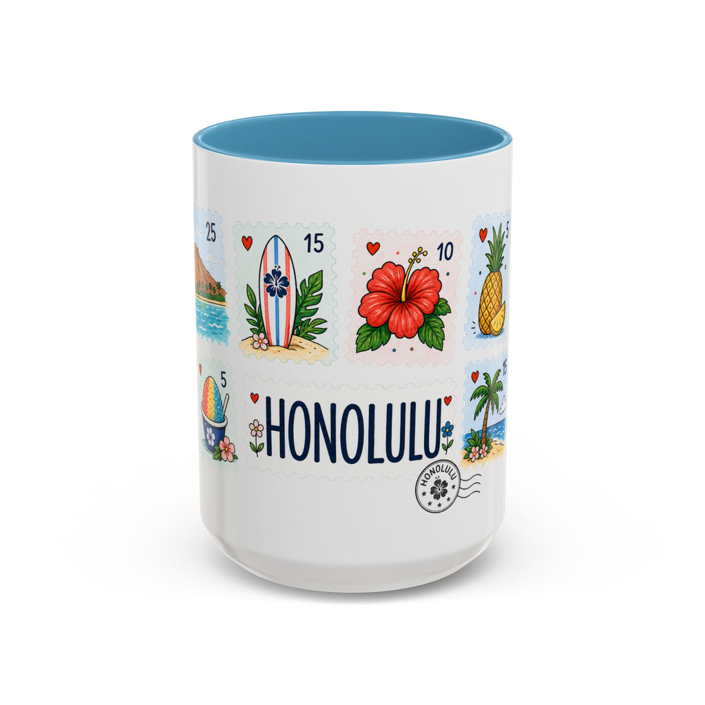 Honolulu Coffee Mug | Postage Stamp Collage Mug | Travel Souvenir Accent Cup 11oz 15oz