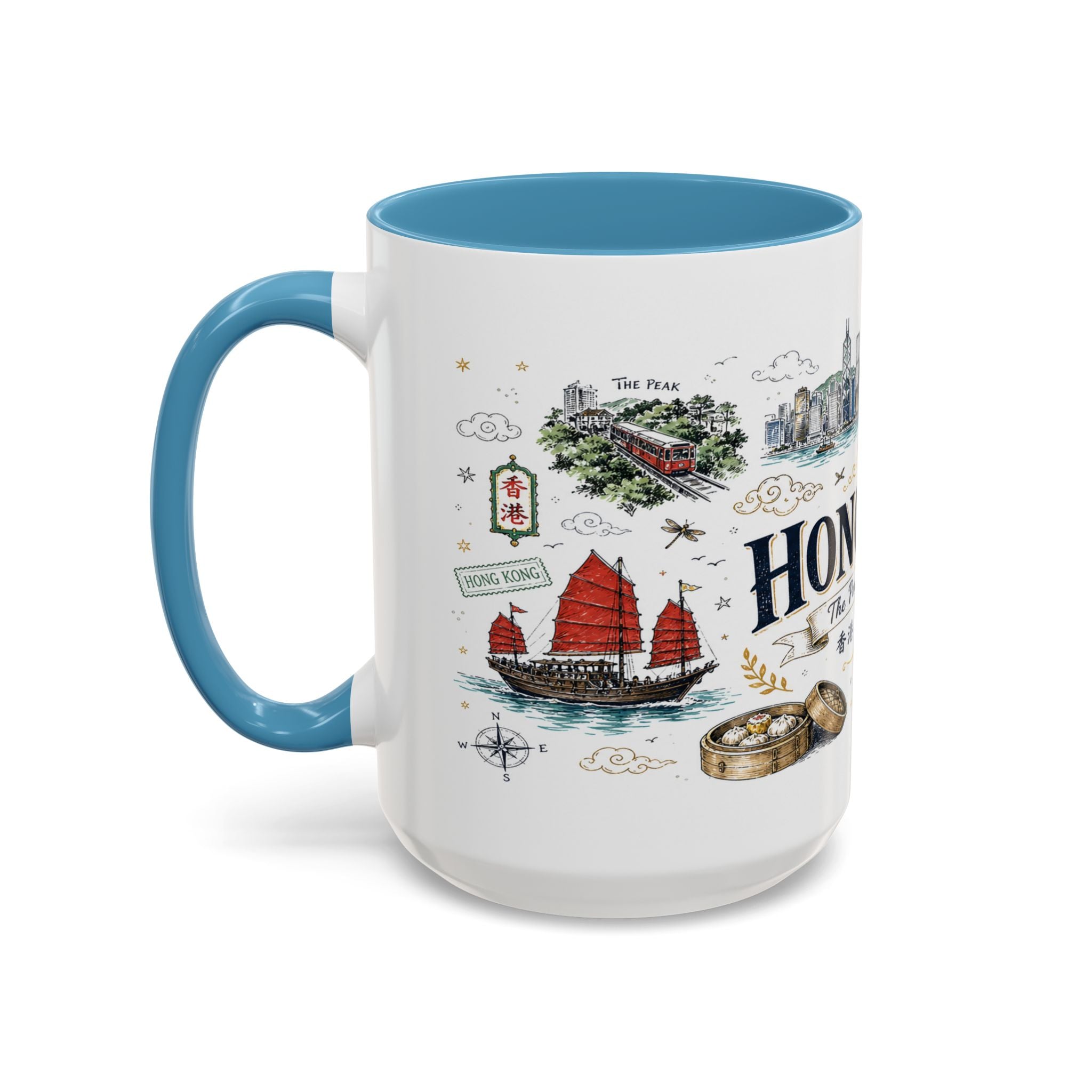 Hong Kong Coffee Mug | Asia Souvenir Travel Gift | Accent Color Ceramic 11oz 15oz