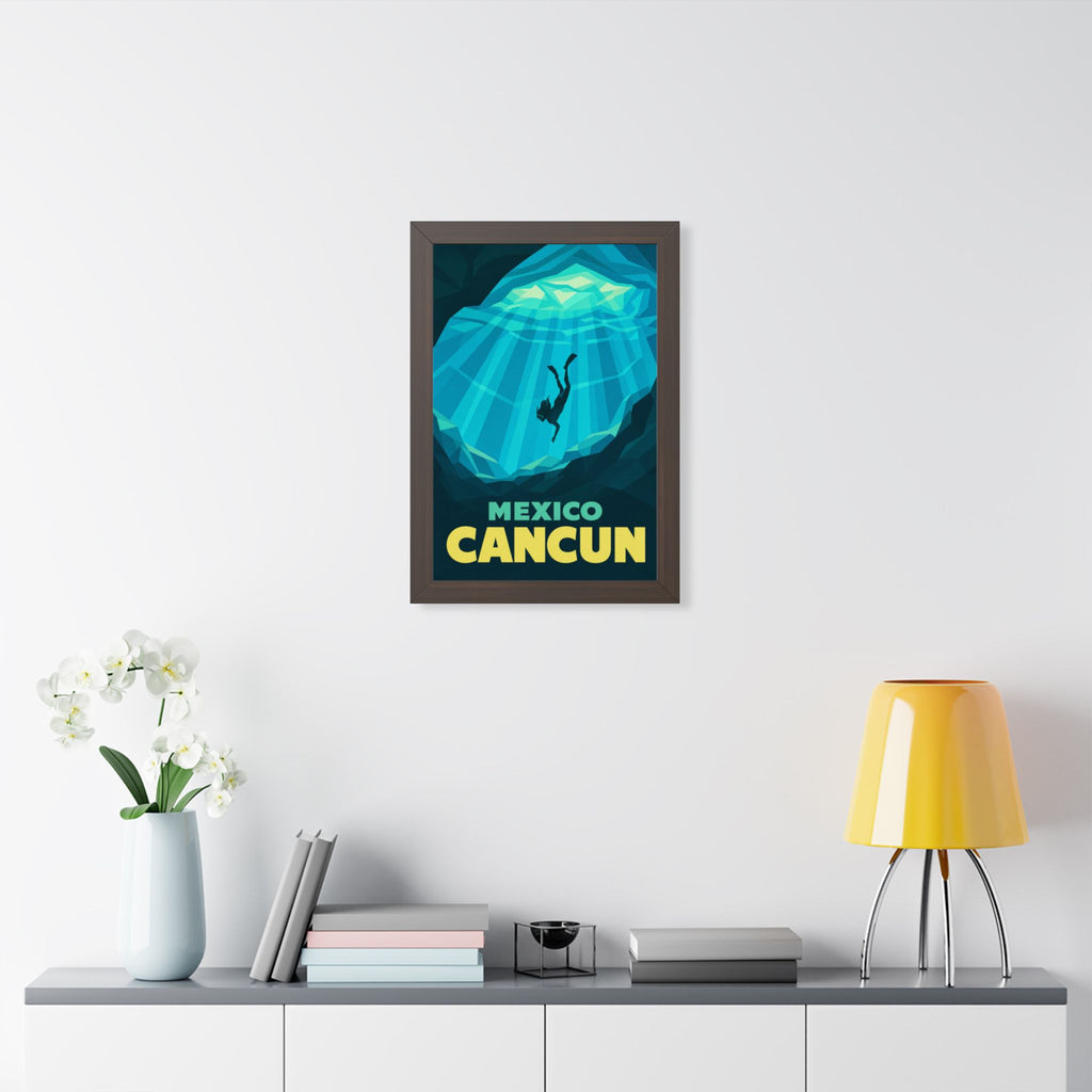 Cancún Cenote Mexico Framed Poster | Vintage Travel Wall Art | Black Walnut White Frame | 16x24 20x30