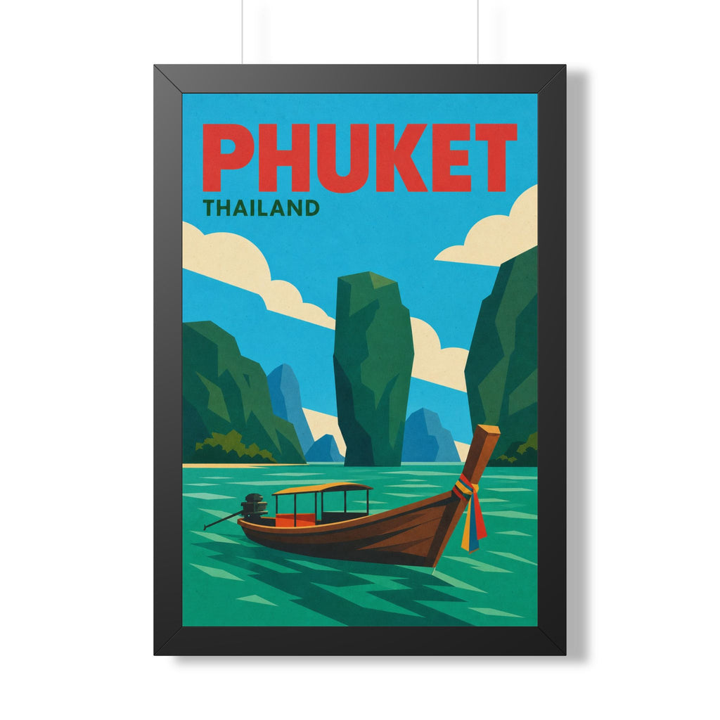 Phuket Thailand Framed Poster | Vintage Travel Wall Art | Black Walnut White Frame | 16x24 20x30