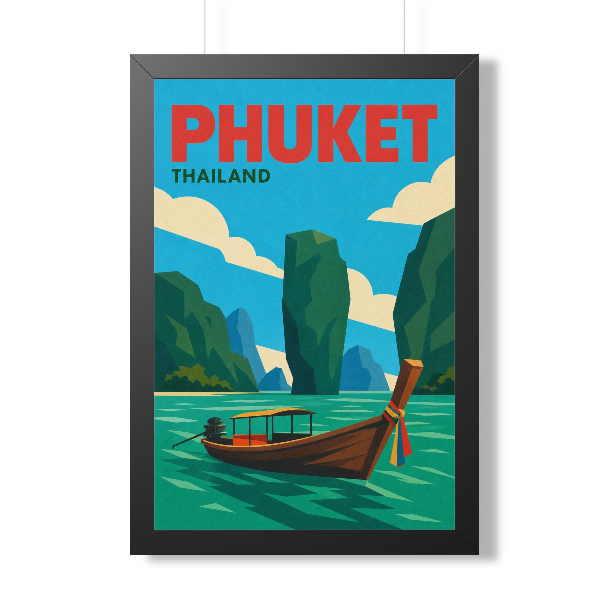 Phuket Thailand Framed Poster | Vintage Travel Wall Art | Black Walnut White Frame | 16x24 20x30