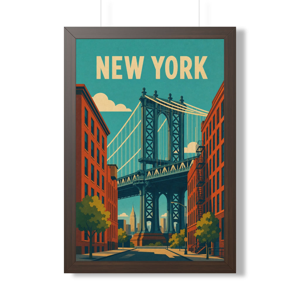 Manhattan Bridge New York United States Framed Poster | Vintage Travel Wall Art | Black Walnut White Frame | 16x24 20x30