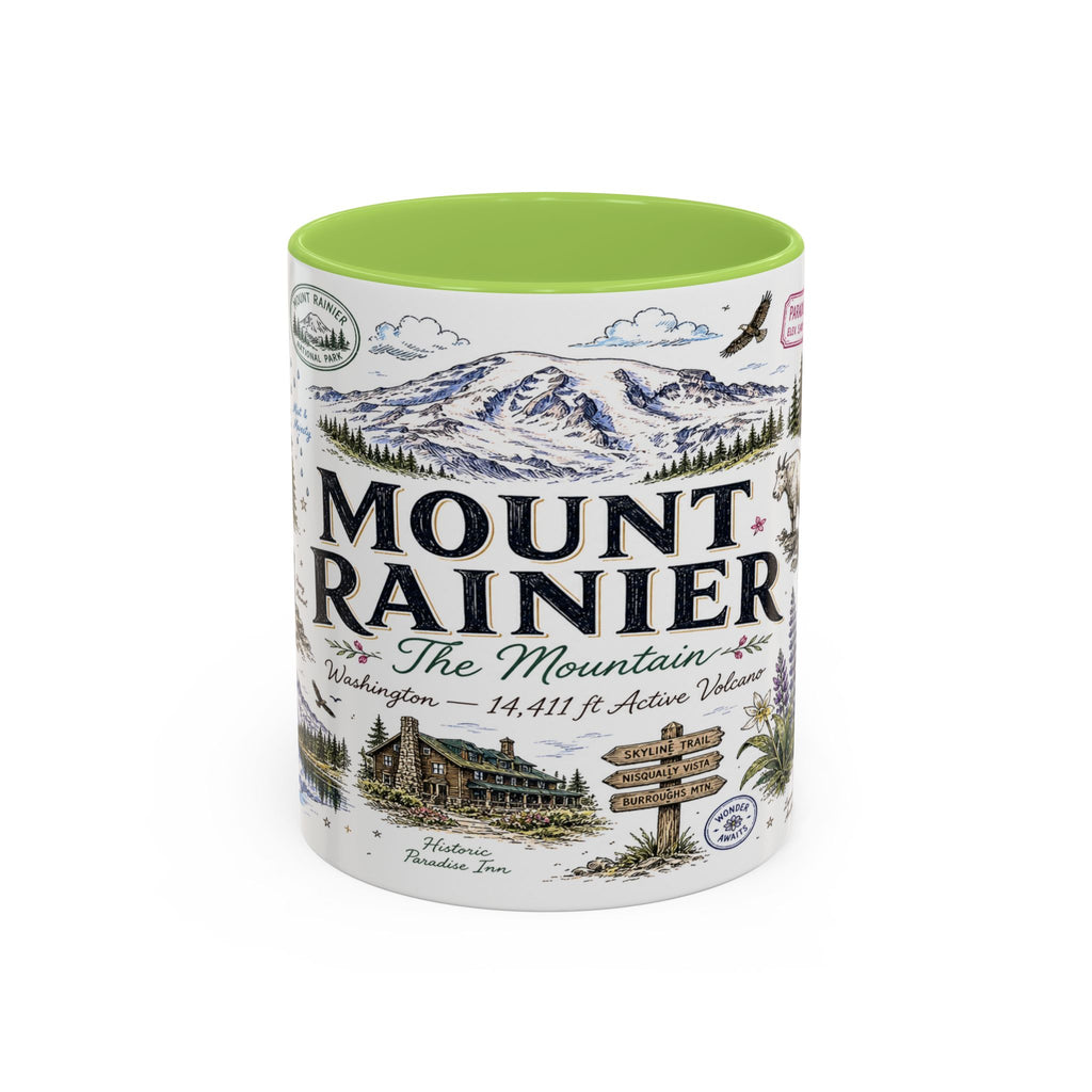 Mount Rainier Coffee Mug | National Park Hiking Washington Gift | Accent Color Ceramic 11oz 15oz