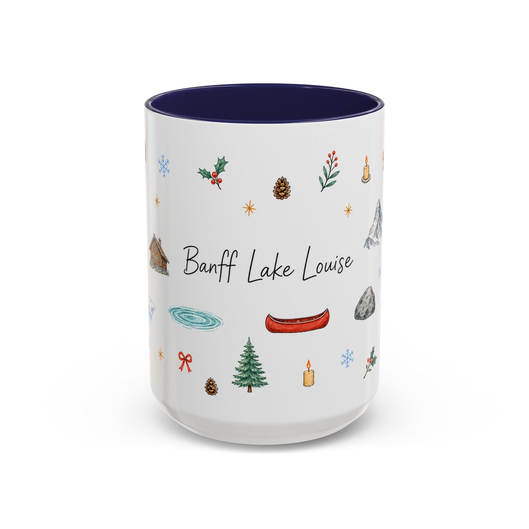 Banff Lake Louise Christmas Mug | Watercolor Travel Souvenir | Holiday Gift | Accent Ceramic Coffee Cup 11oz 15oz