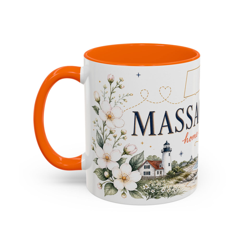 Massachusetts State Map Mug | Coastal Scene, Botanical Accents (11oz, 15oz)
