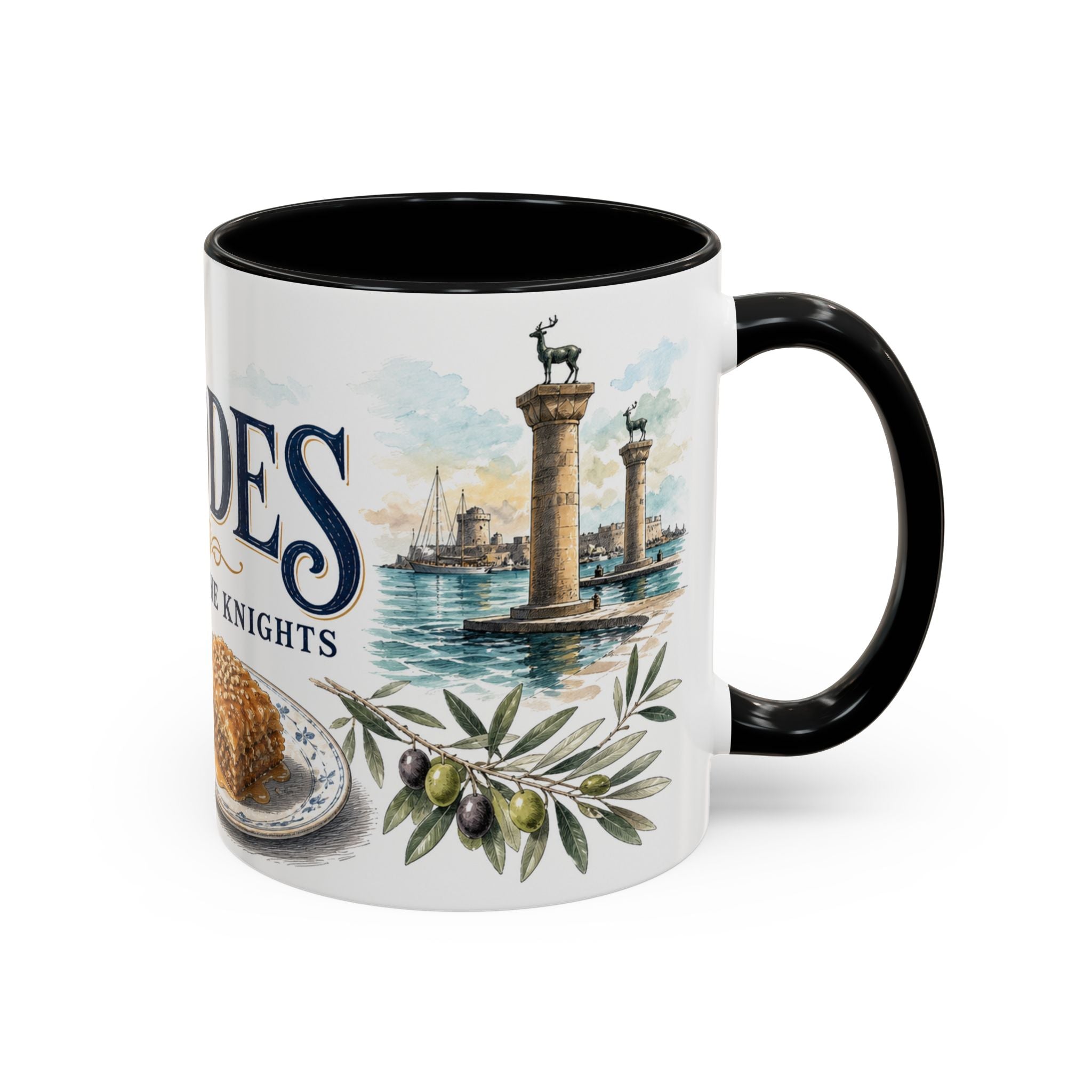 Rhodes Coffee Mug | Greece Travel Souvenir | Vintage Illustrated City Gift | 11 oz 15 oz Accent Mug