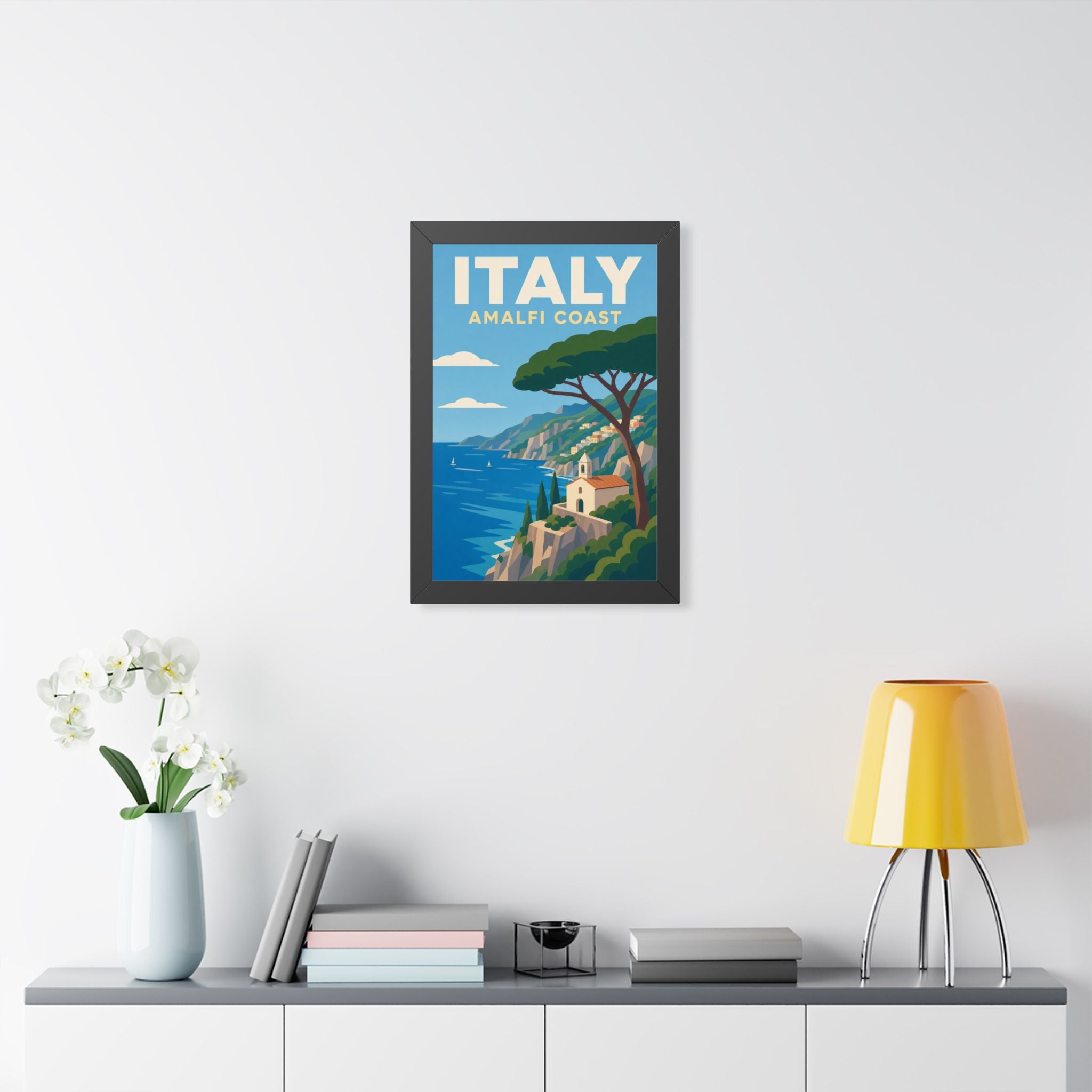 Amalfi Coast Italy Framed Poster | Vintage Travel Wall Art | Black Walnut White Frame | 16x24 20x30