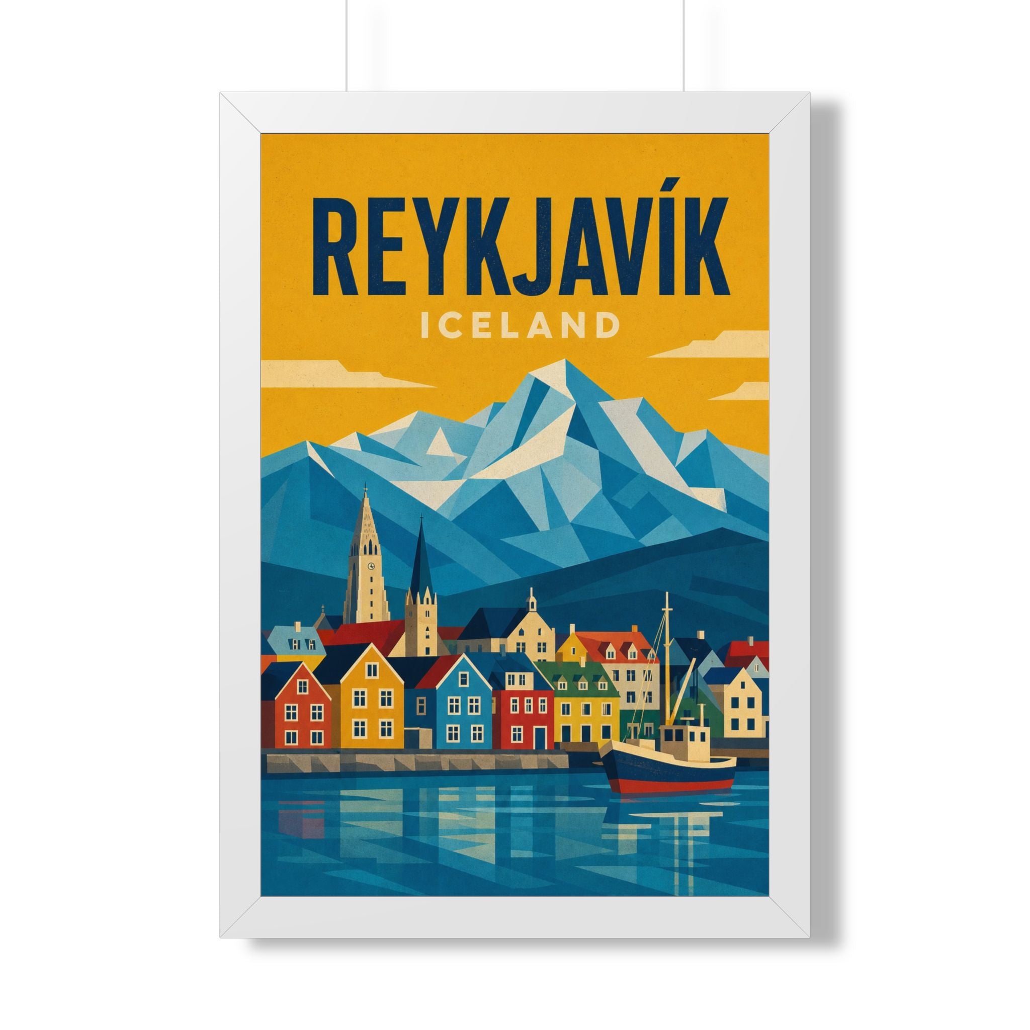 Reykjavík Iceland Framed Poster | Vintage Travel Wall Art | Black Walnut White Frame | 16x24 20x30