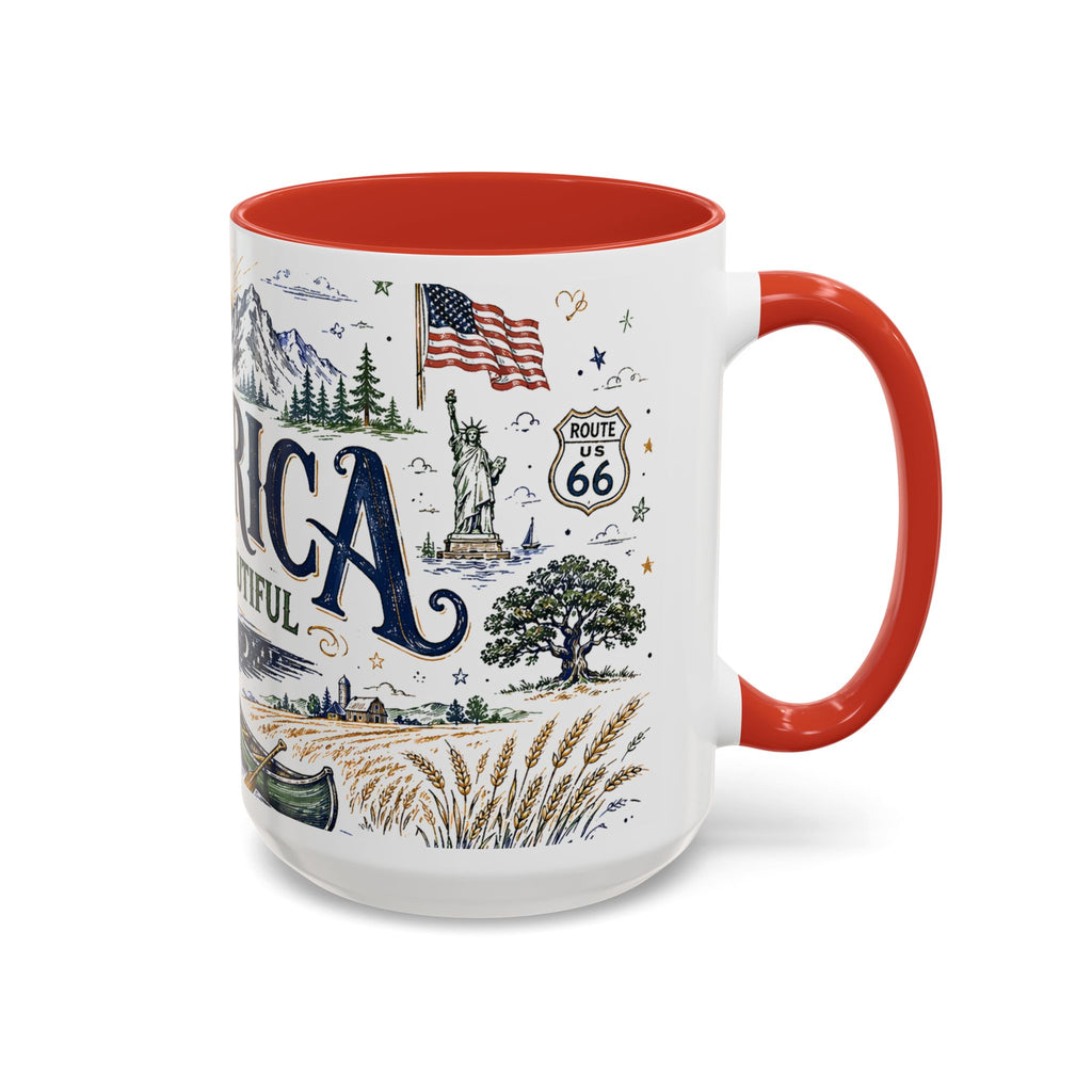 America the Beautiful Coffee Mug | Patriotic USA Gift | Accent Color Ceramic 11oz 15oz