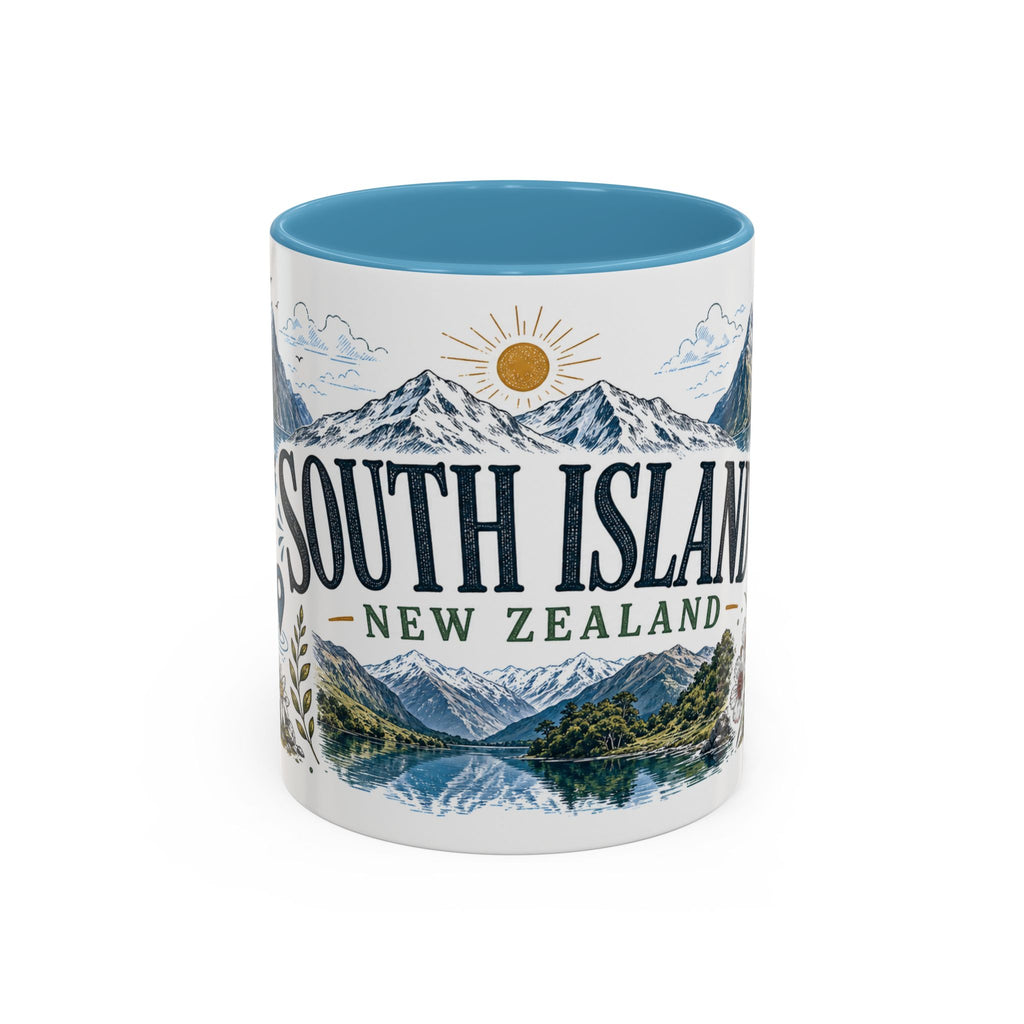 New Zealand South Island Coffee Mug | Travel Destination Souvenir Gift | Accent Color Ceramic 11oz 15oz
