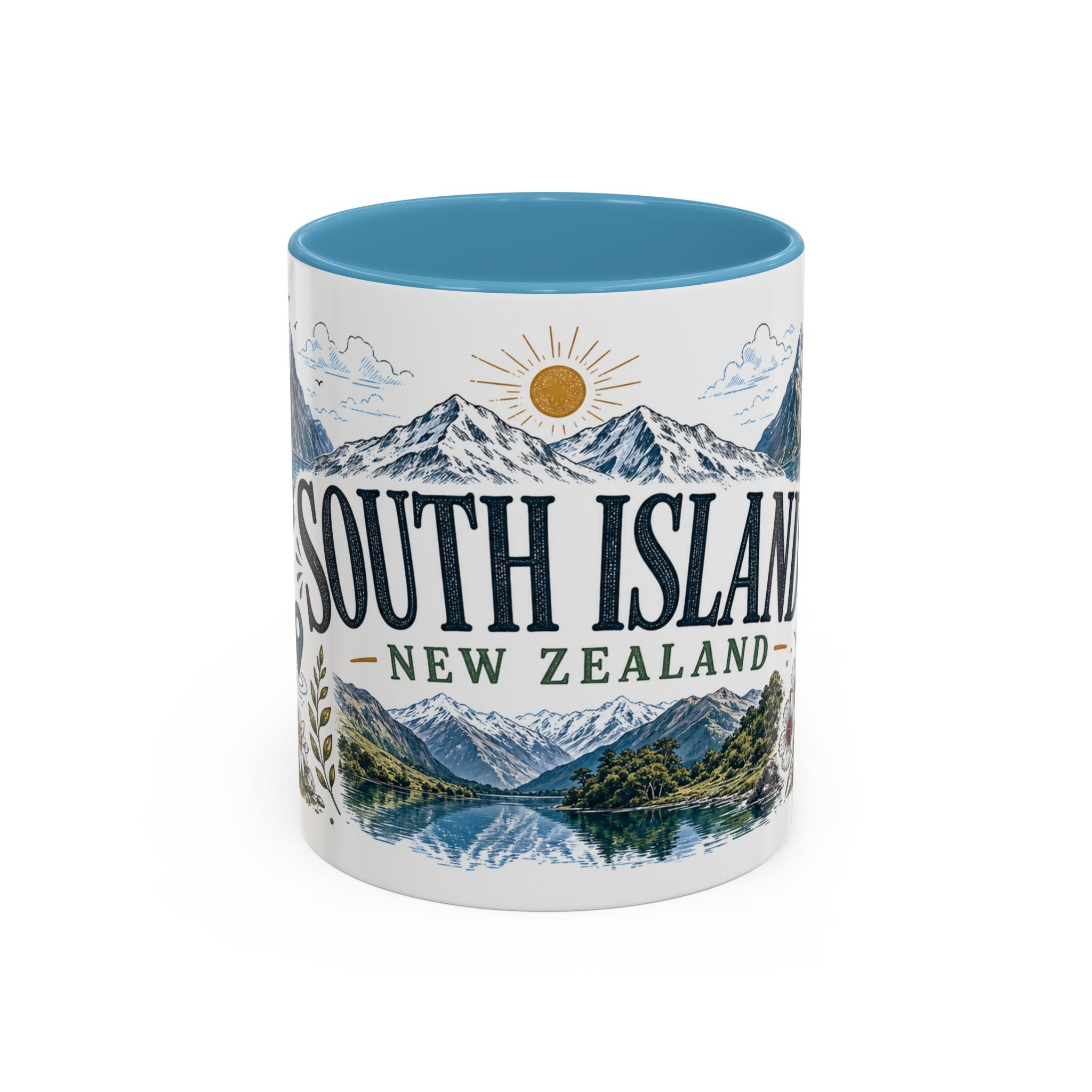 New Zealand South Island Coffee Mug | Travel Destination Souvenir Gift | Accent Color Ceramic 11oz 15oz