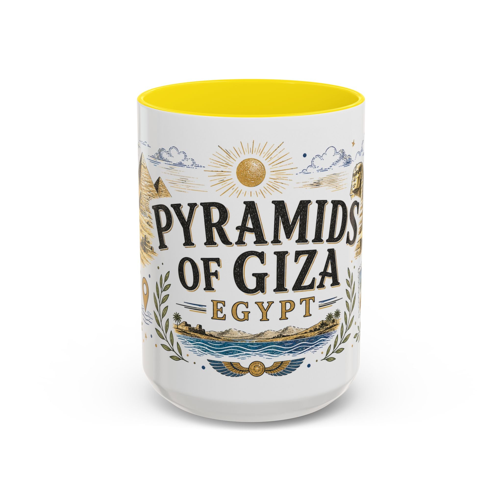 Pyramids of Giza Coffee Mug | Travel Destination Souvenir Gift | Accent Color Ceramic 11oz 15oz