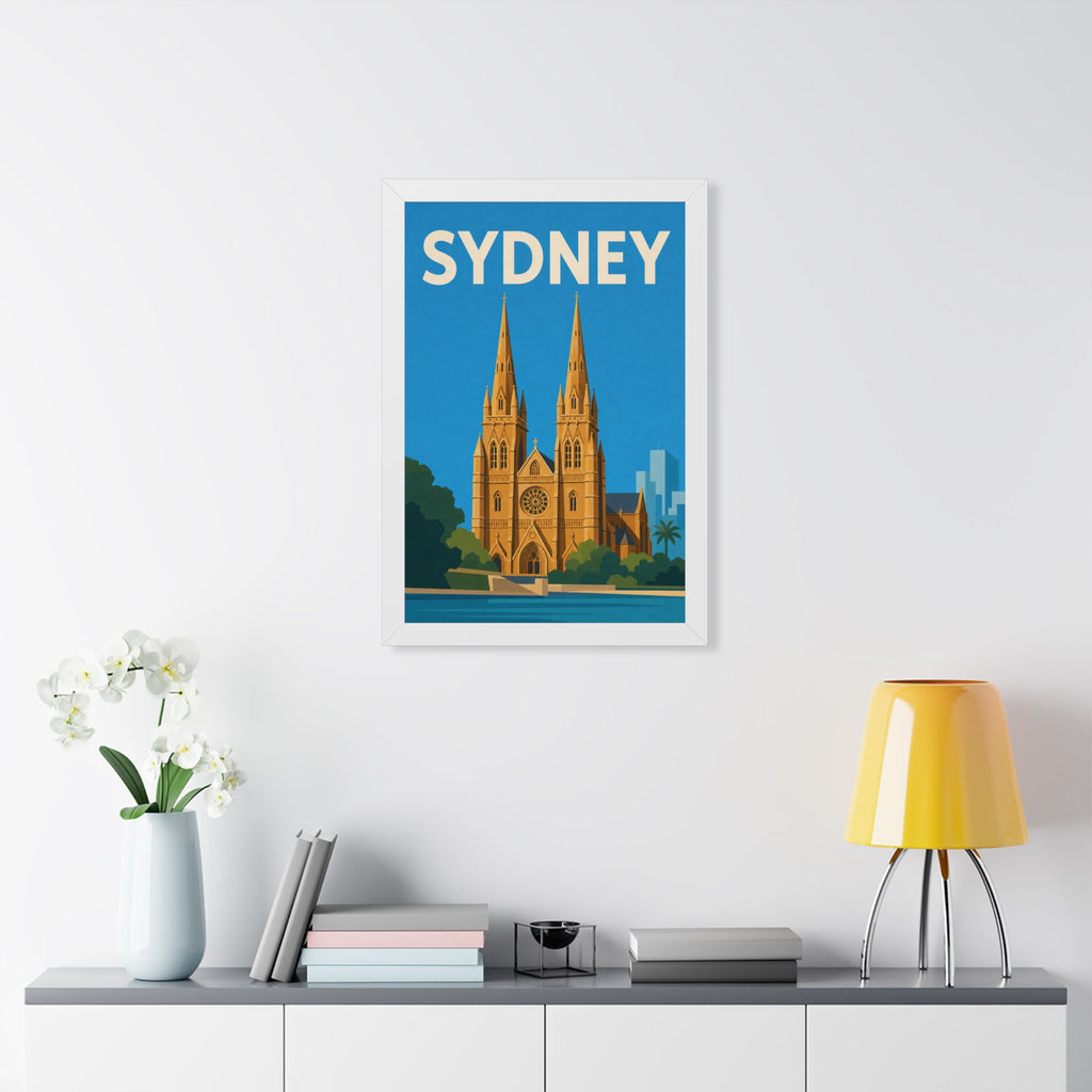 Sydney Cathedral Australia Framed Poster | Vintage Travel Wall Art | Black Walnut White Frame | 16x24 20x30