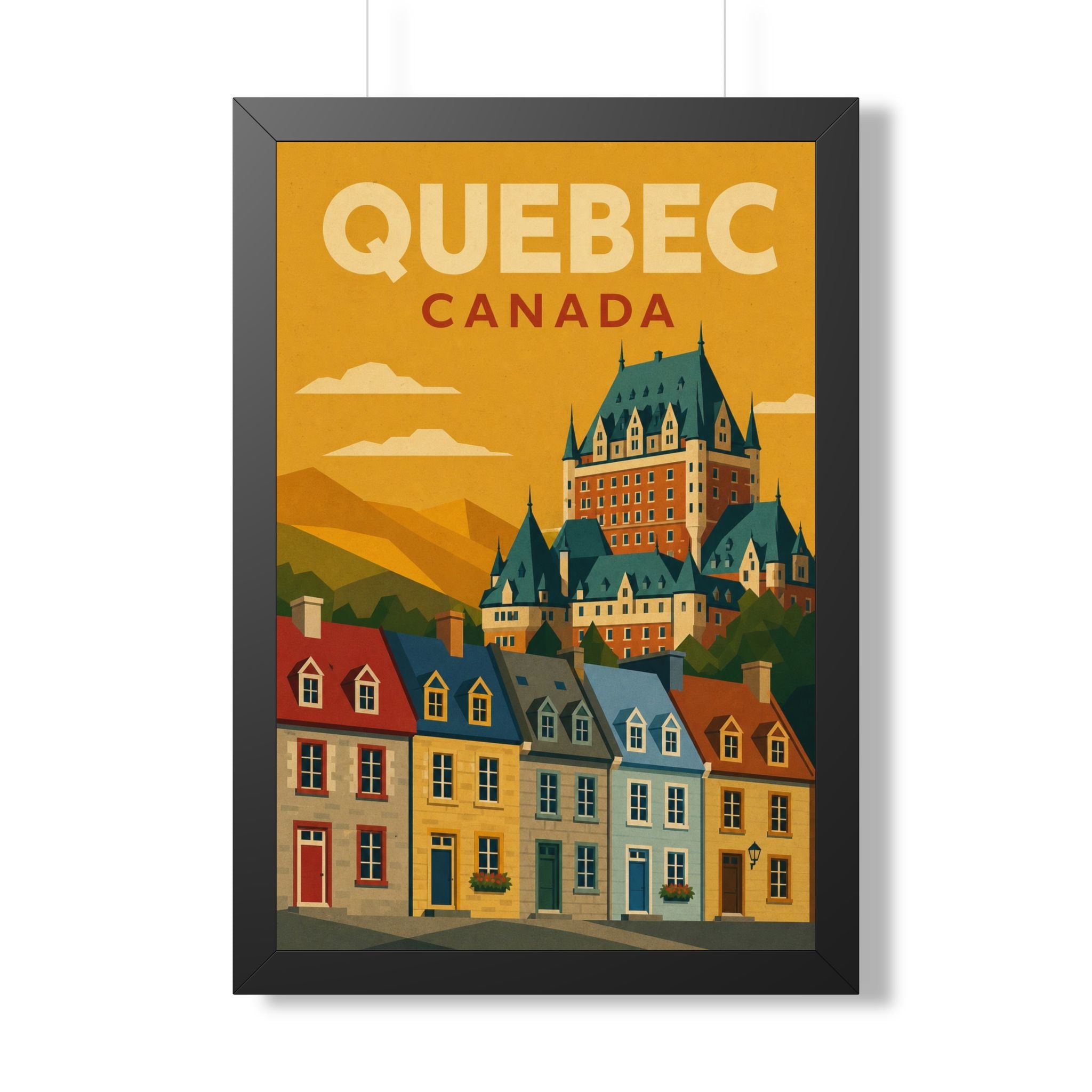 Québec City Canada Framed Poster | Vintage Travel Wall Art | Black Walnut White Frame | 16x24 20x30