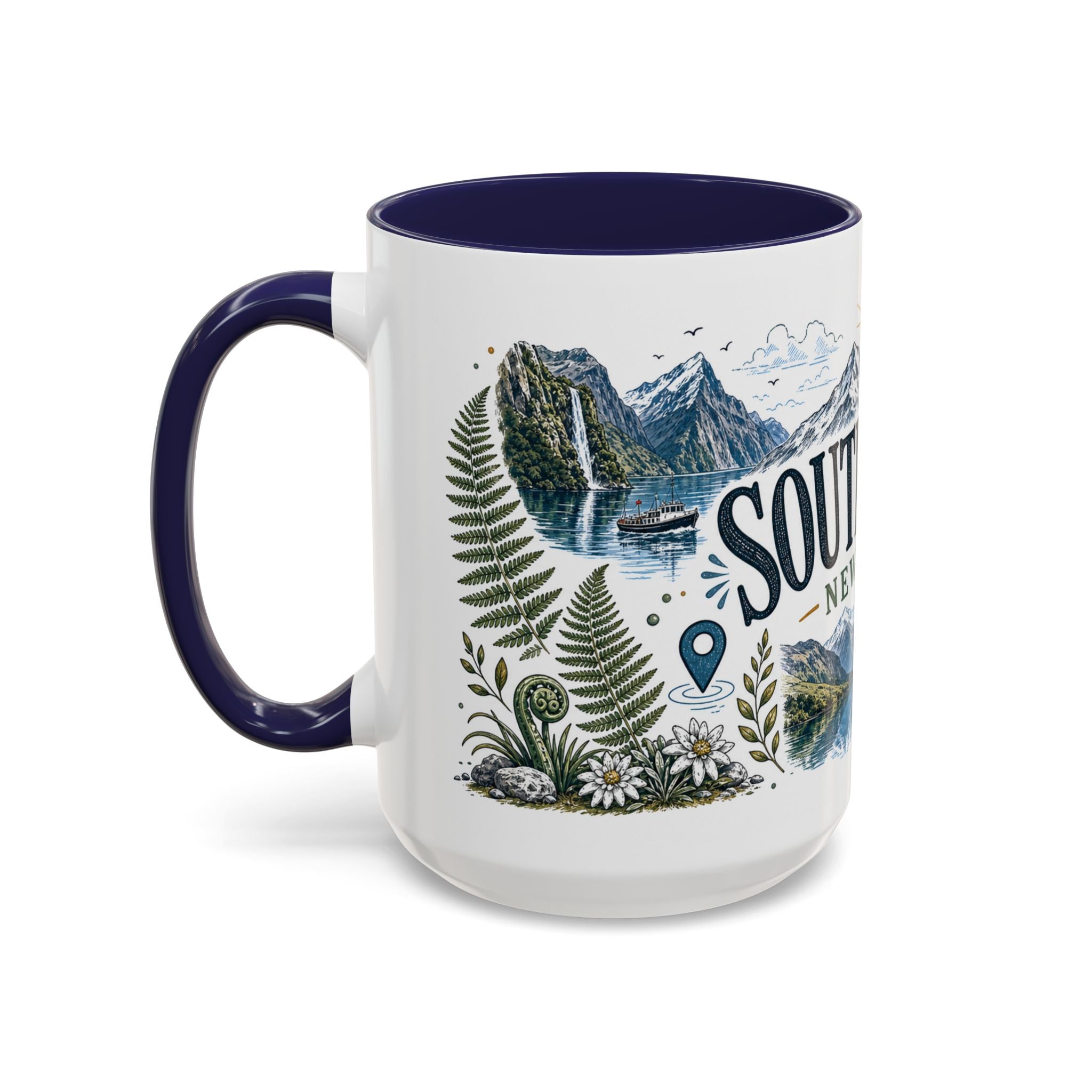 New Zealand South Island Coffee Mug | Travel Destination Souvenir Gift | Accent Color Ceramic 11oz 15oz