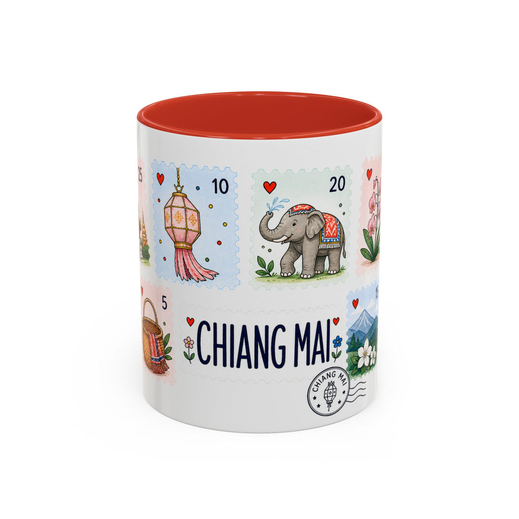 Chiang Mai Coffee Mug | Postage Stamp Collage Mug | Travel Souvenir Accent Cup 11oz 15oz