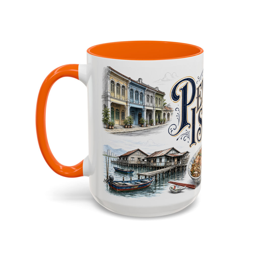 Penang Island Coffee Mug | Malaysia Travel Souvenir | Vintage Illustrated City Gift | 11 oz 15 oz Accent Mug