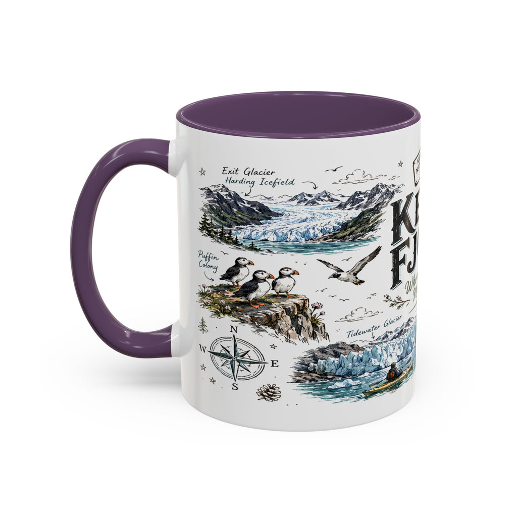 Kenai Fjords National Park Coffee Mug | Alaska Coastal Wildlife Hiking Gift | Accent Color Ceramic 11oz 15oz