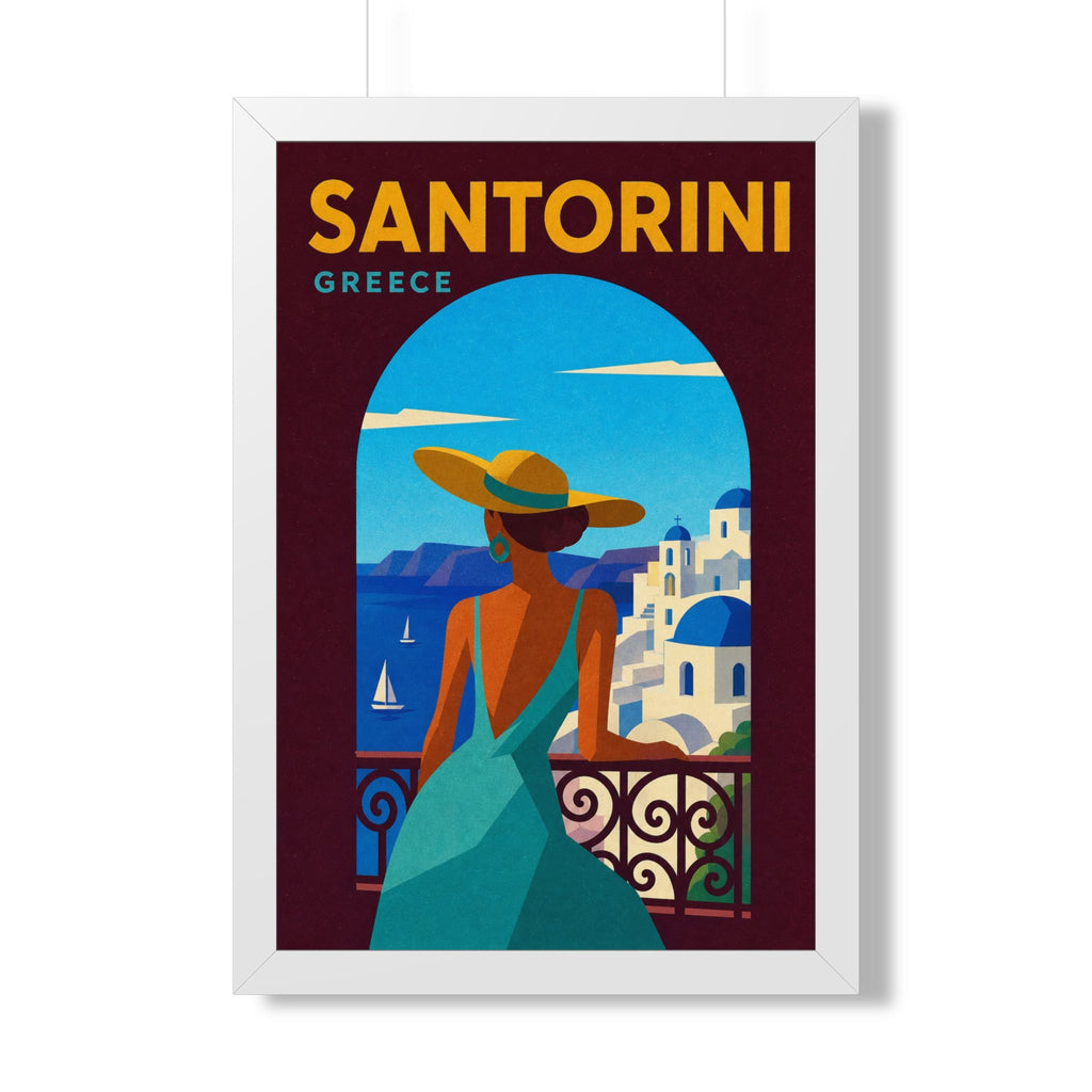 Santorini Greece Framed Poster | Vintage Travel Wall Art | Black Walnut White Frame | 16x24 20x30