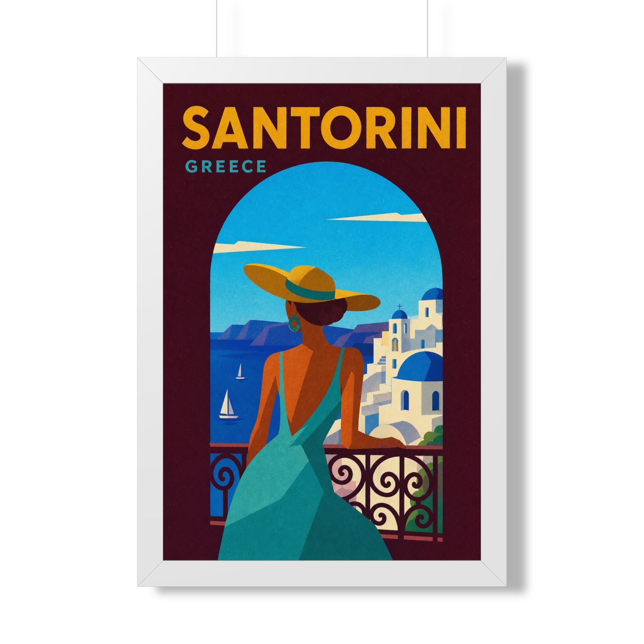 Santorini Greece Framed Poster | Vintage Travel Wall Art | Black Walnut White Frame | 16x24 20x30