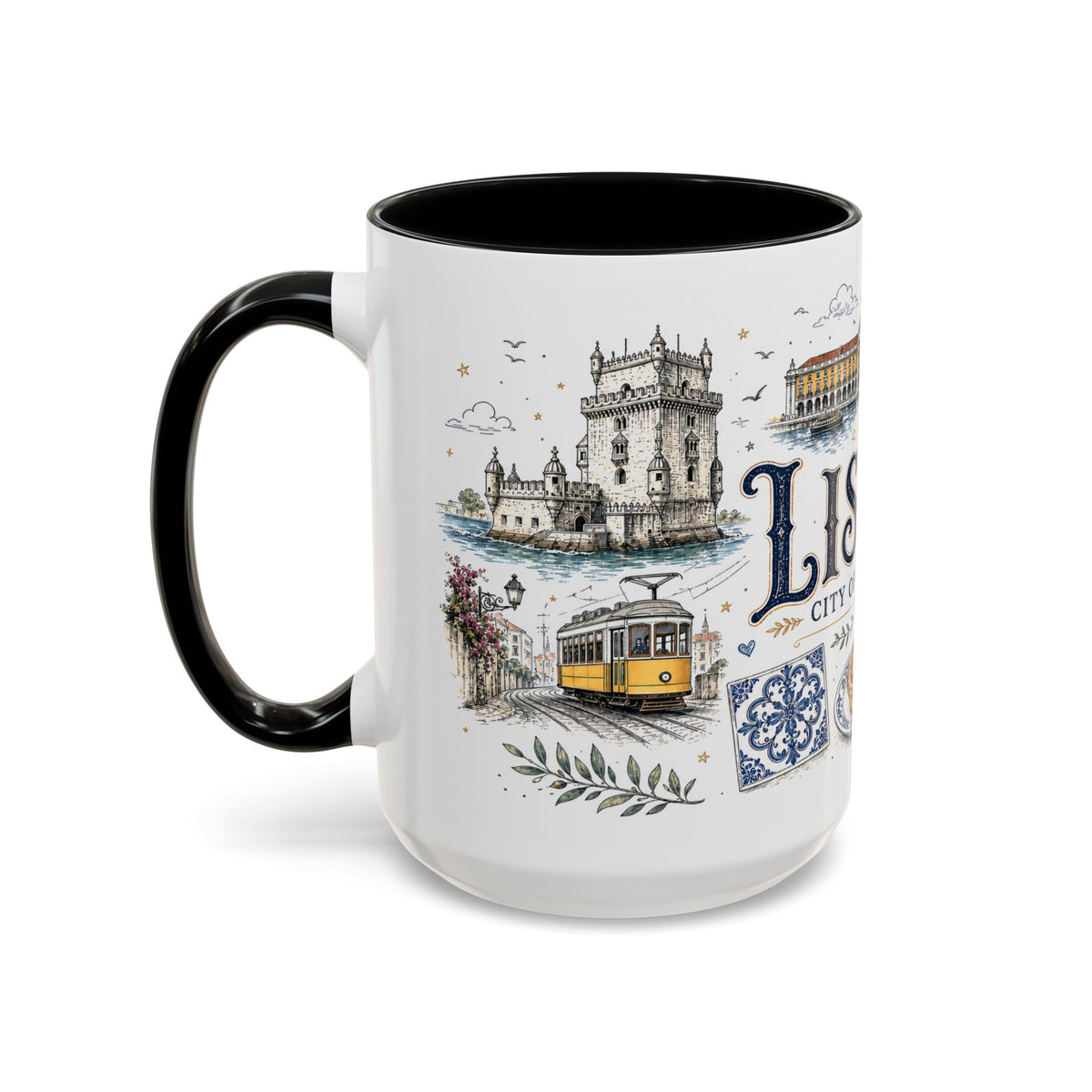 Lisbon Coffee Mug | Portugal Travel Souvenir | Vintage Illustrated City Gift | 11 oz 15 oz Accent Mug