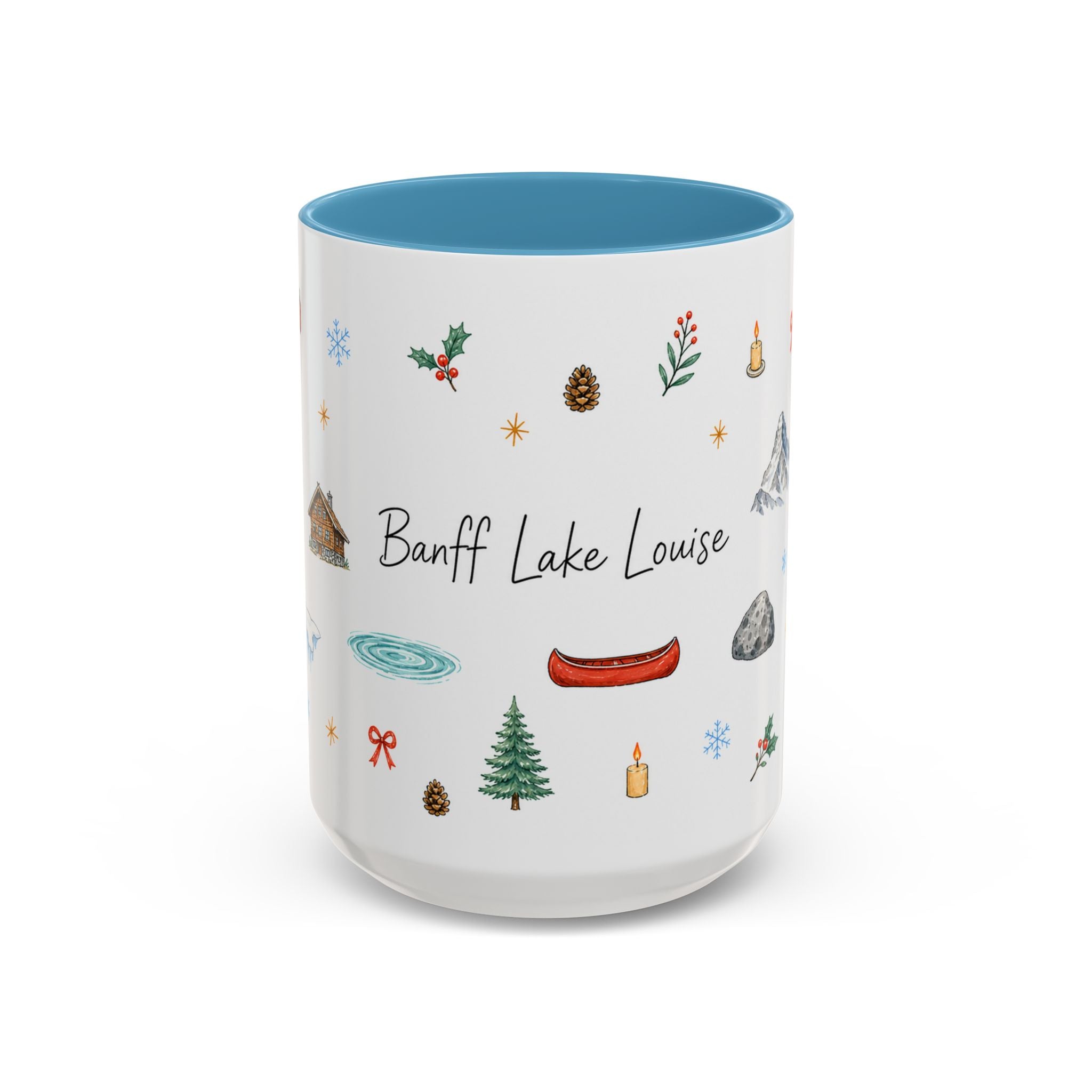 Banff Lake Louise Christmas Mug | Watercolor Travel Souvenir | Holiday Gift | Accent Ceramic Coffee Cup 11oz 15oz