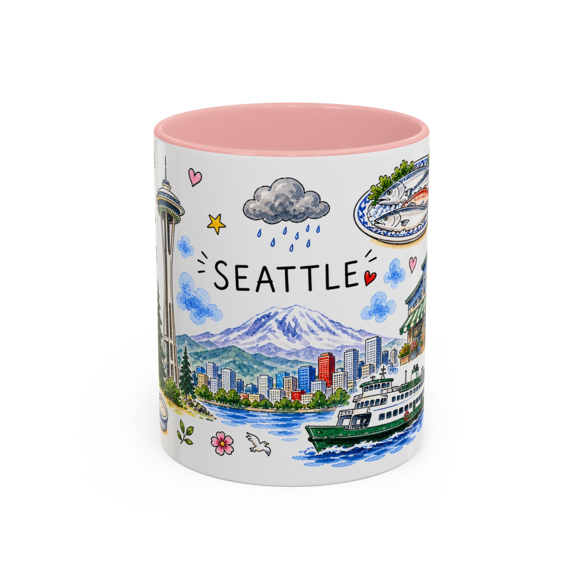 Seattle Illustrated Travel Mug | City Souvenir Accent Coffee Mug | 11oz 15oz Ceramic Cup