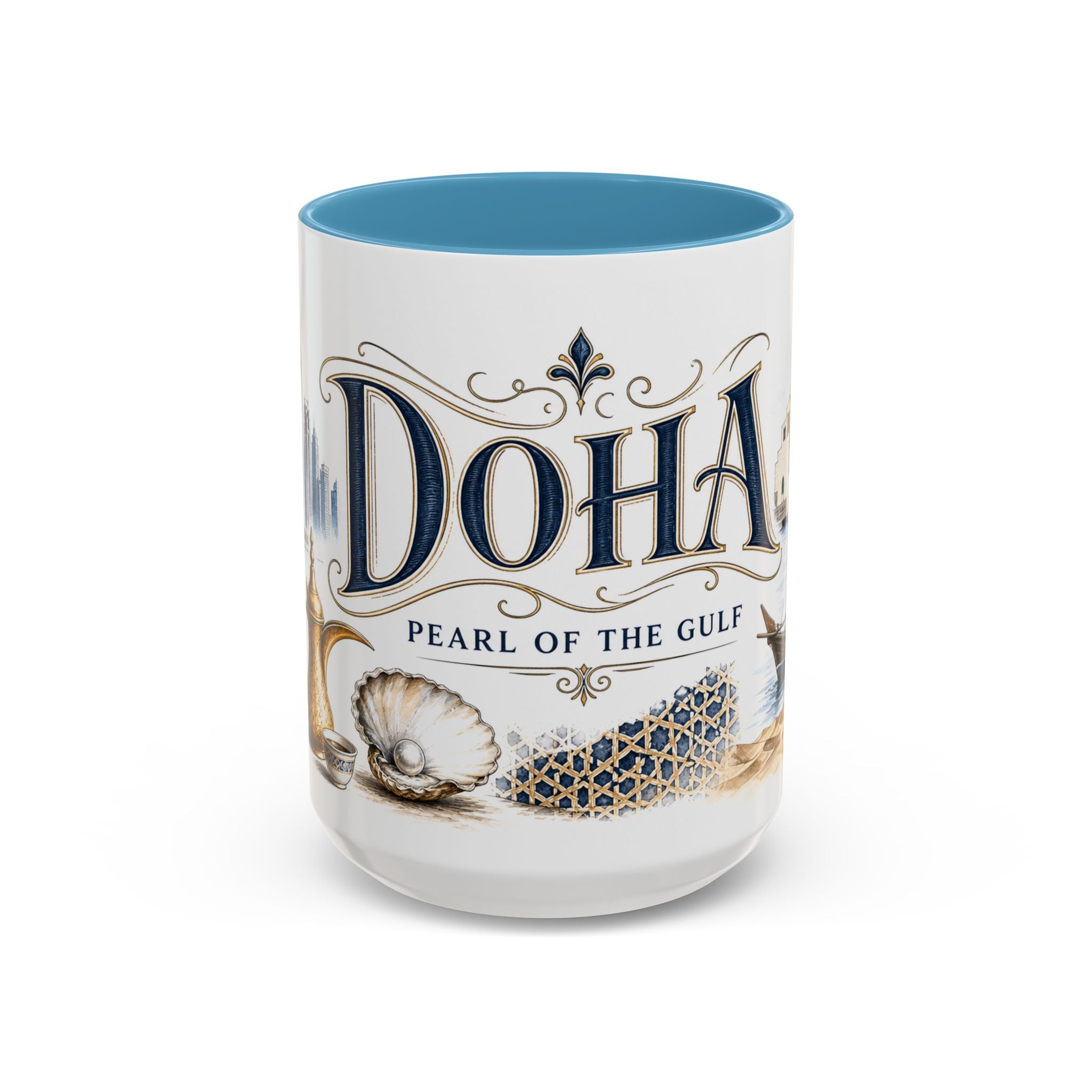 Doha Coffee Mug | Qatar Travel Souvenir | Vintage Illustrated City Gift | 11 oz 15 oz Accent Mug