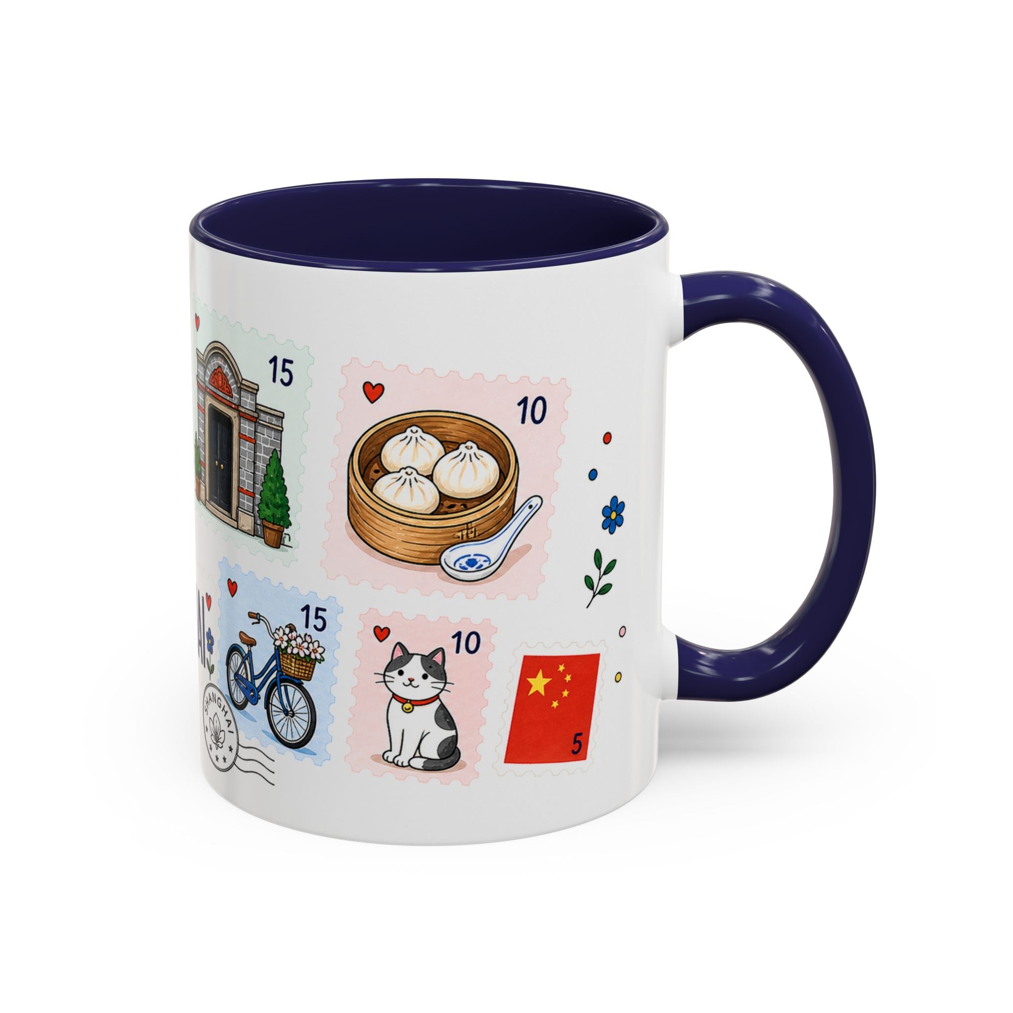 Shanghai Coffee Mug | Postage Stamp Collage Mug | Travel Souvenir Accent Cup 11oz 15oz