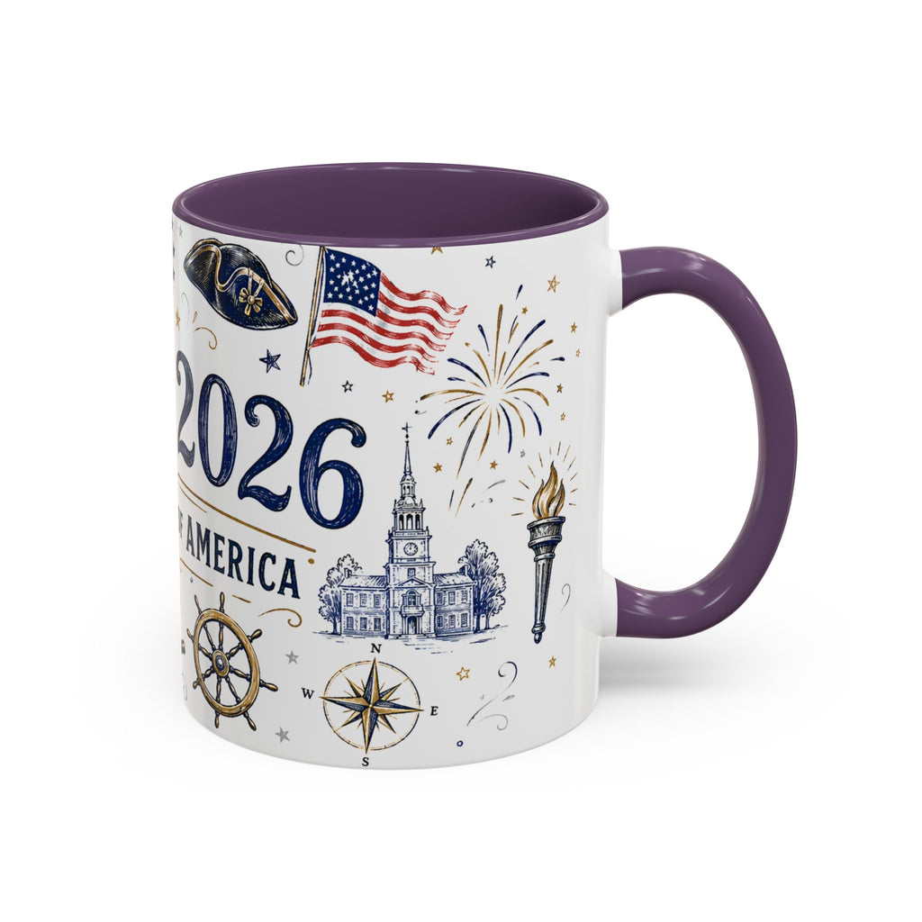America 250 Coffee Mug | 1776-2026 Patriotic 4th of July Gift | Accent Color Ceramic 11oz 15oz