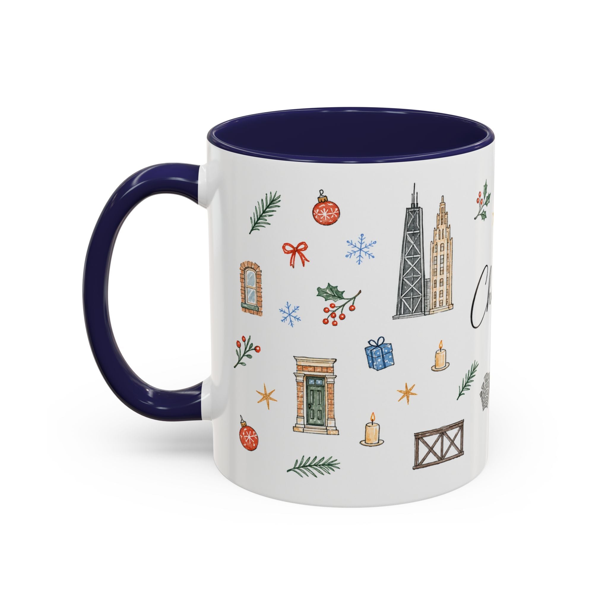 Chicago Christmas Mug | Watercolor Travel Souvenir | Holiday Gift | Accent Ceramic Coffee Cup 11oz 15oz