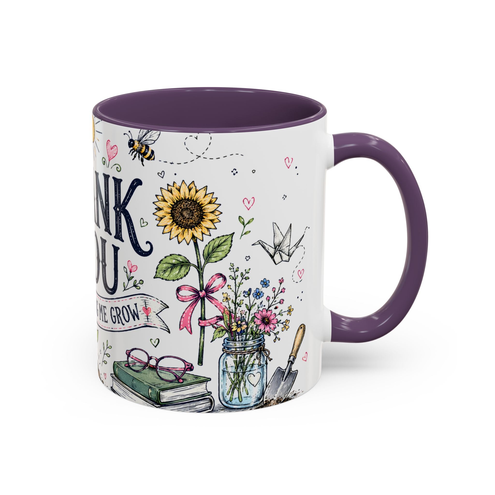 Thank You Teacher Coffee Mug | For Helping Me Grow Appreciation Gift | Accent Color Ceramic 11oz 15oz