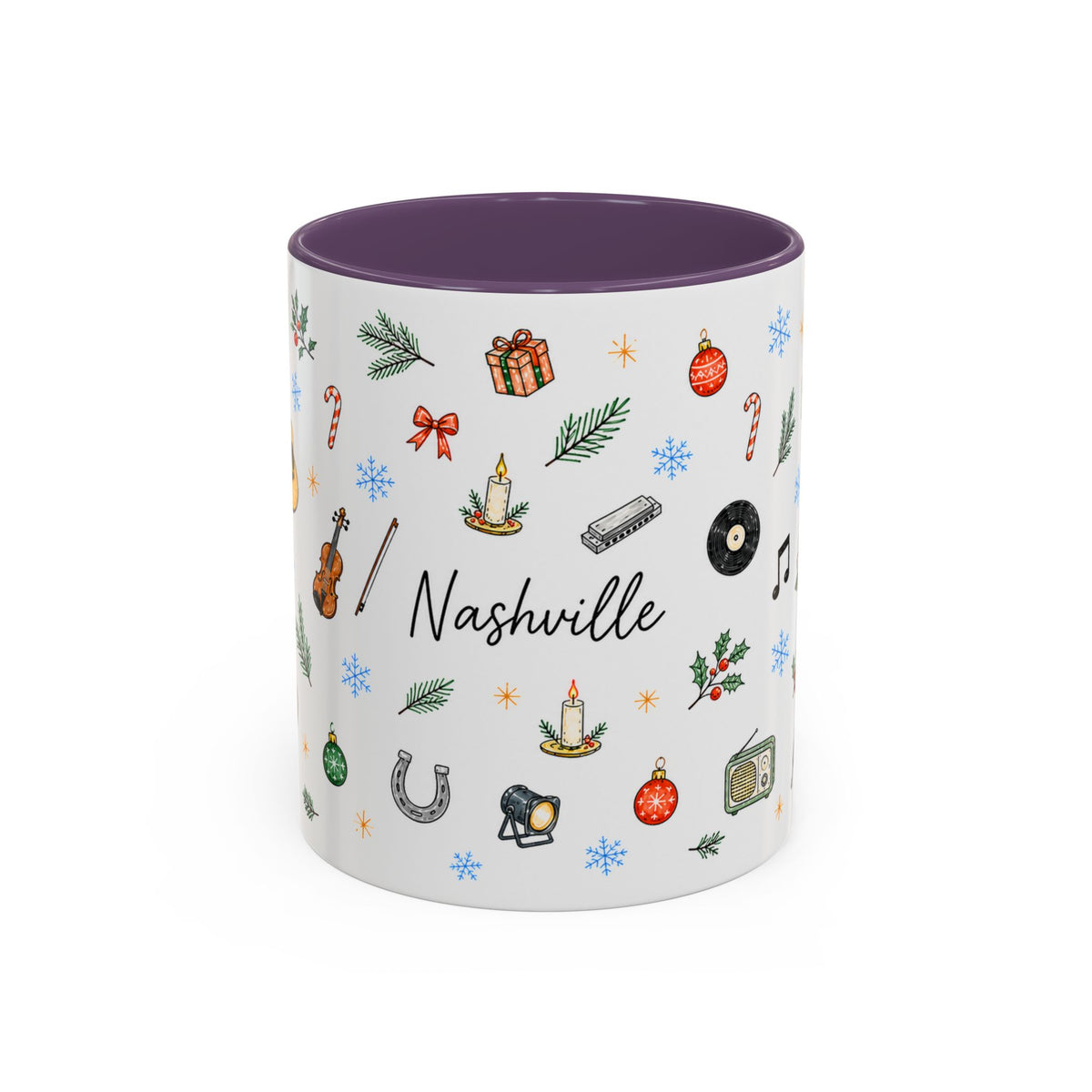 Nashville Christmas Mug | Watercolor City Souvenir, Acoustic Guitar, Harmonica (11oz 15oz)