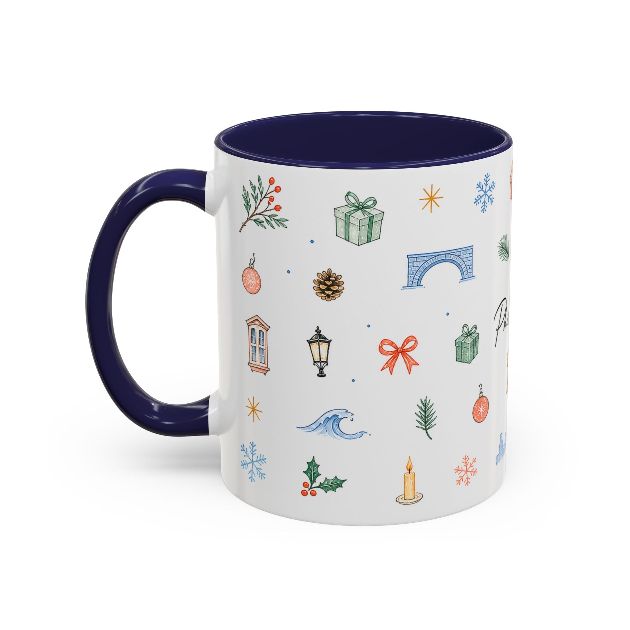 Philadelphia Christmas Mug | Watercolor Travel Souvenir | Holiday Gift | Accent Ceramic Coffee Cup 11oz 15oz