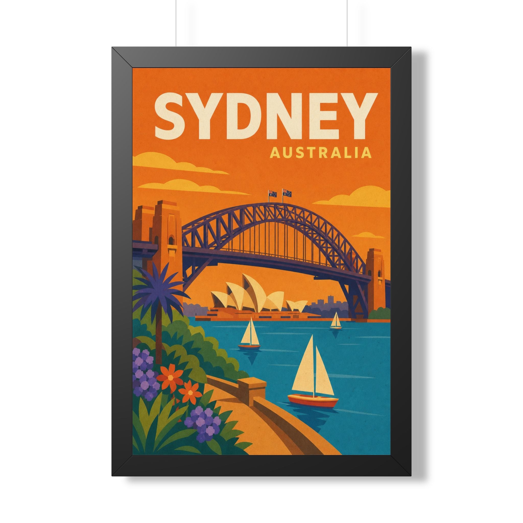 Sydney Harbour Australia Framed Poster | Vintage Travel Wall Art | Black Walnut White Frame | 16x24 20x30