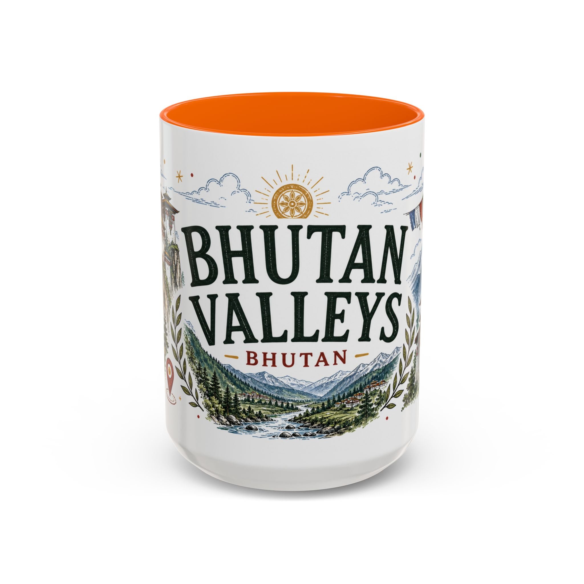 Bhutan Valleys Coffee Mug | Travel Destination Souvenir Gift | Accent Color Ceramic 11oz 15oz