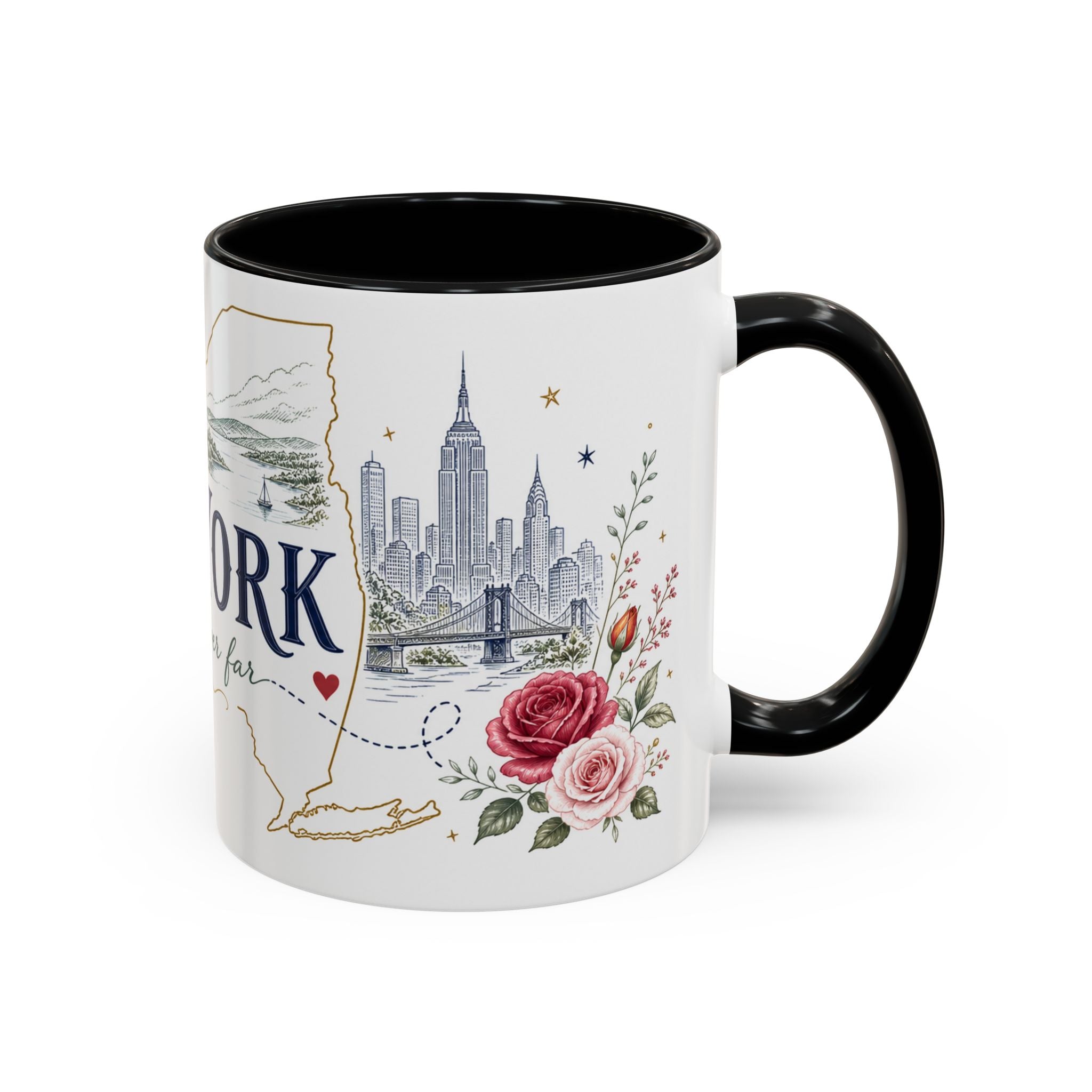 New York State Map Mug | Botanical Rose Accents, Long Distance Friendship Gift