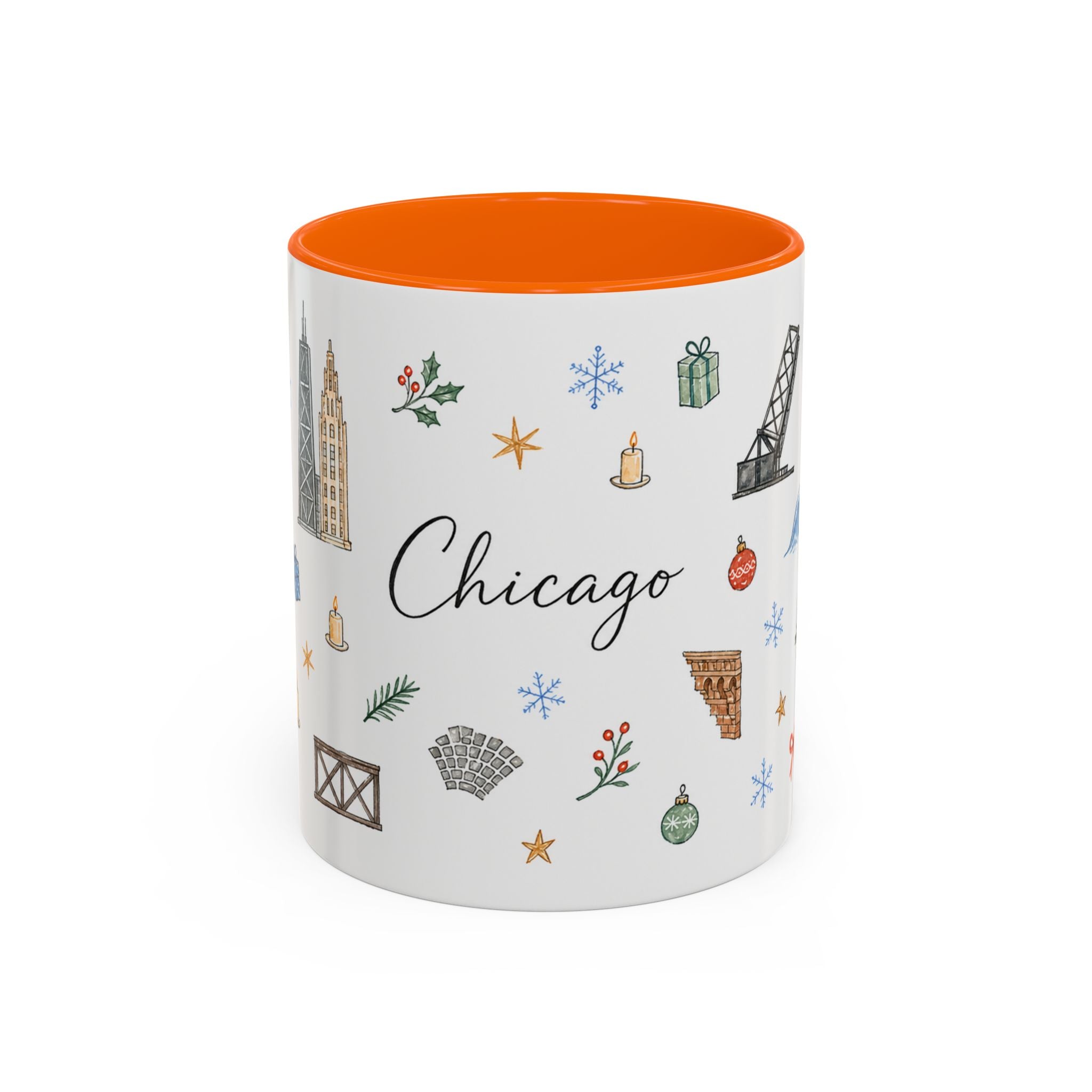Chicago Christmas Mug | Watercolor Travel Souvenir | Holiday Gift | Accent Ceramic Coffee Cup 11oz 15oz