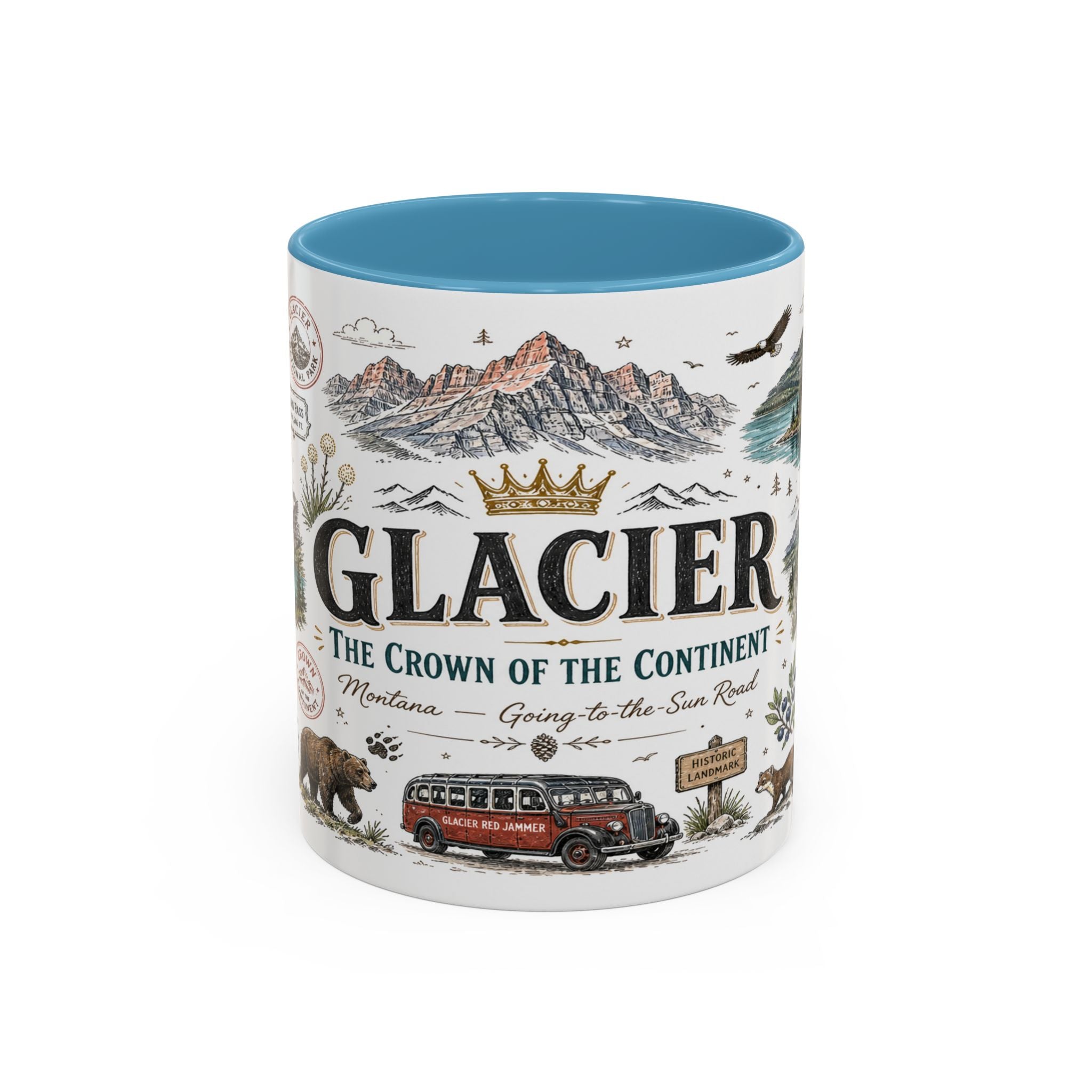 Glacier Coffee Mug | National Park Hiking Montana Gift | Accent Color Ceramic 11oz 15oz