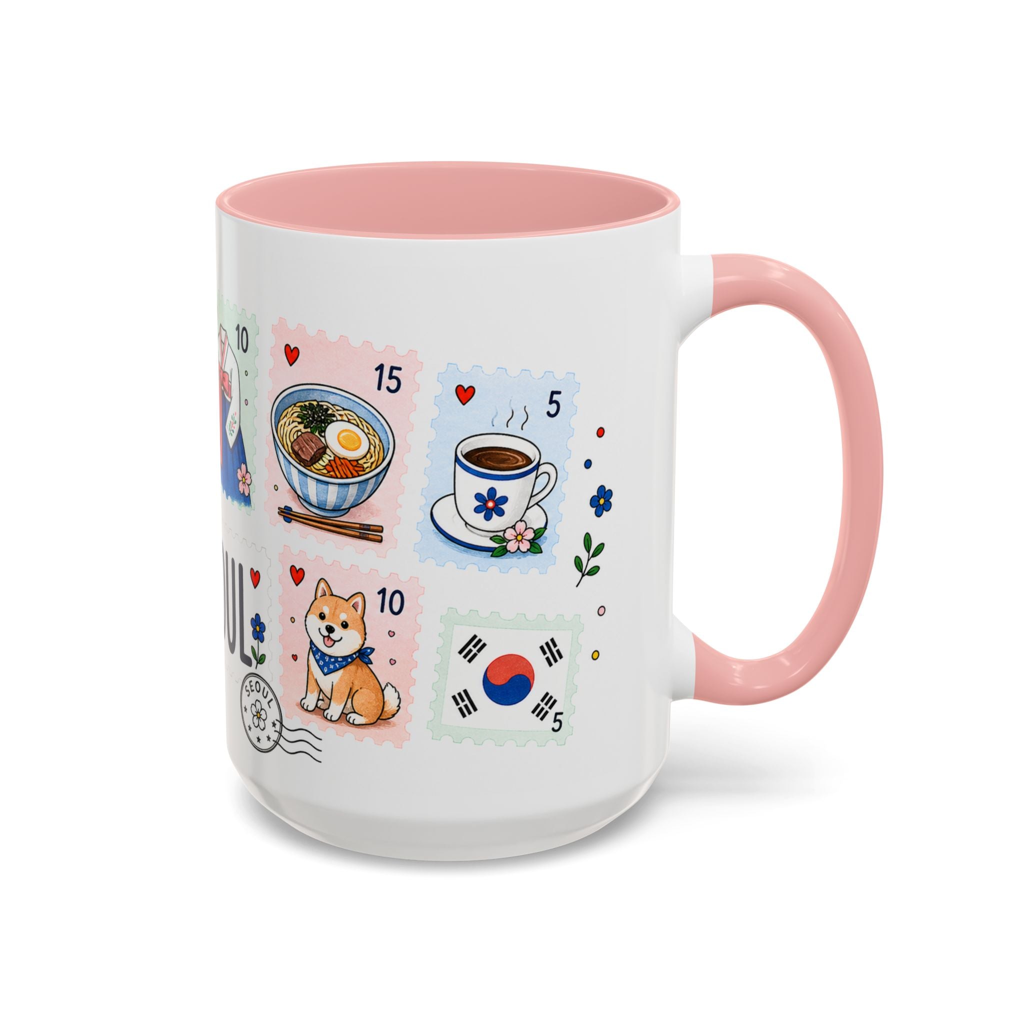 Seoul Coffee Mug | Postage Stamp Collage Mug | Travel Souvenir Accent Cup 11oz 15oz
