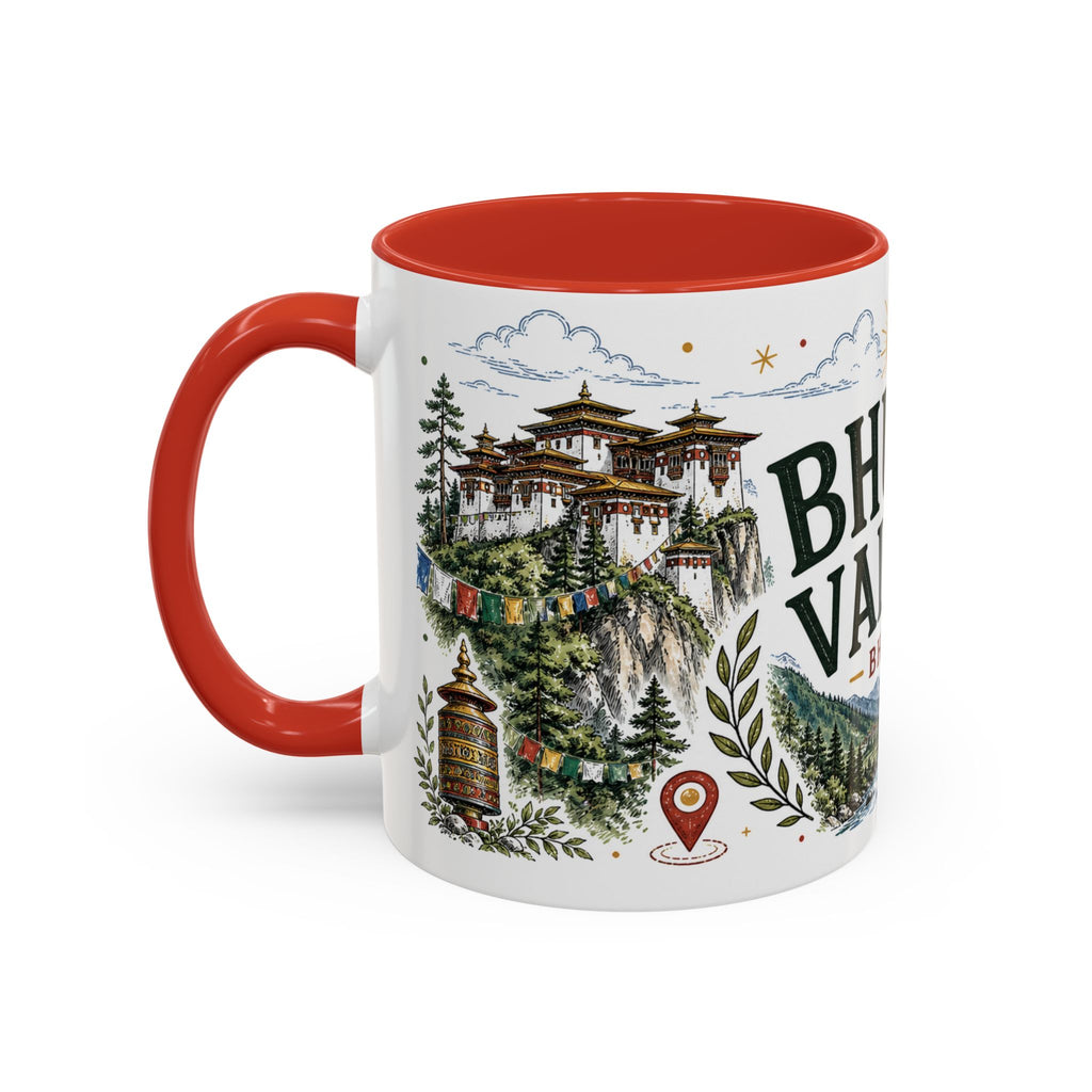 Bhutan Valleys Coffee Mug | Travel Destination Souvenir Gift | Accent Color Ceramic 11oz 15oz