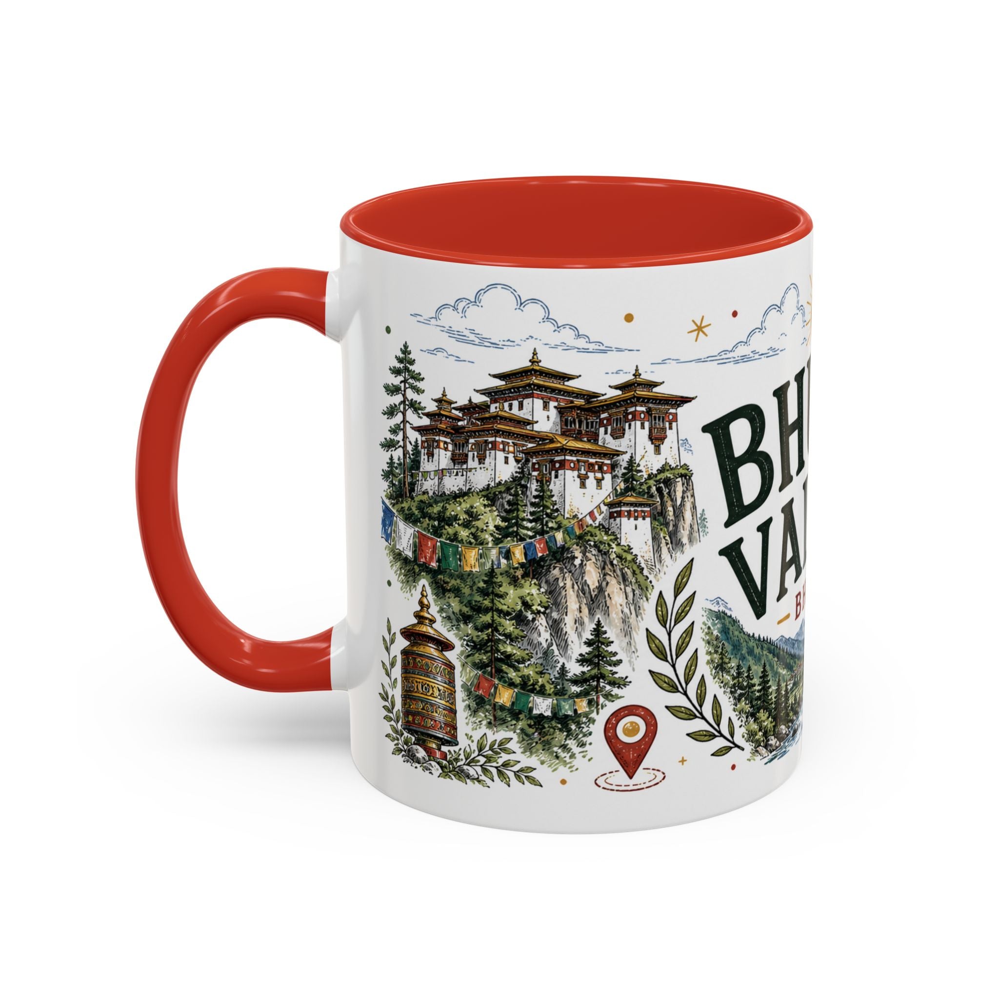 Bhutan Valleys Coffee Mug | Travel Destination Souvenir Gift | Accent Color Ceramic 11oz 15oz